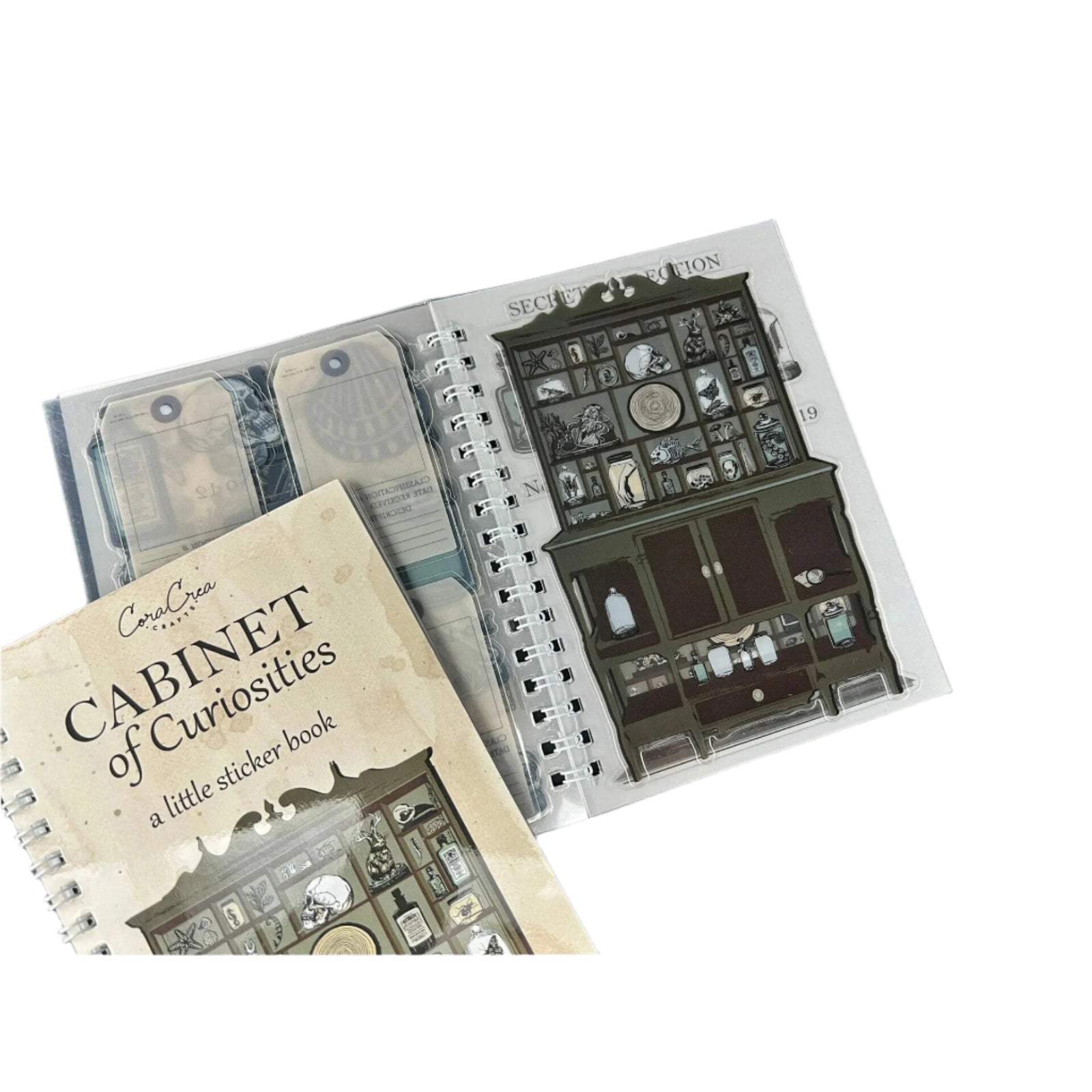 Sticker book titled 'Cabinet of Curiosities' with illustrations on a white background