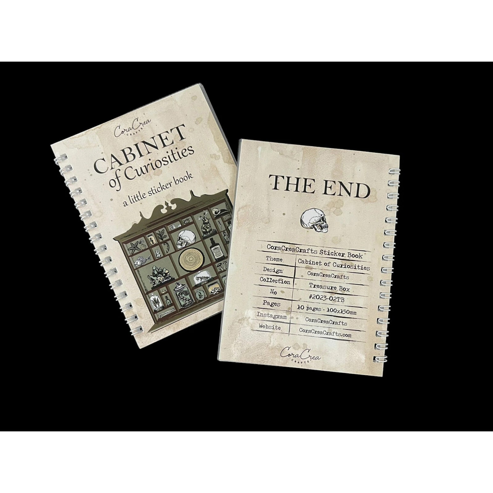 Sticker book titled 'Cabinet of Curiosities' with illustrations on a white background