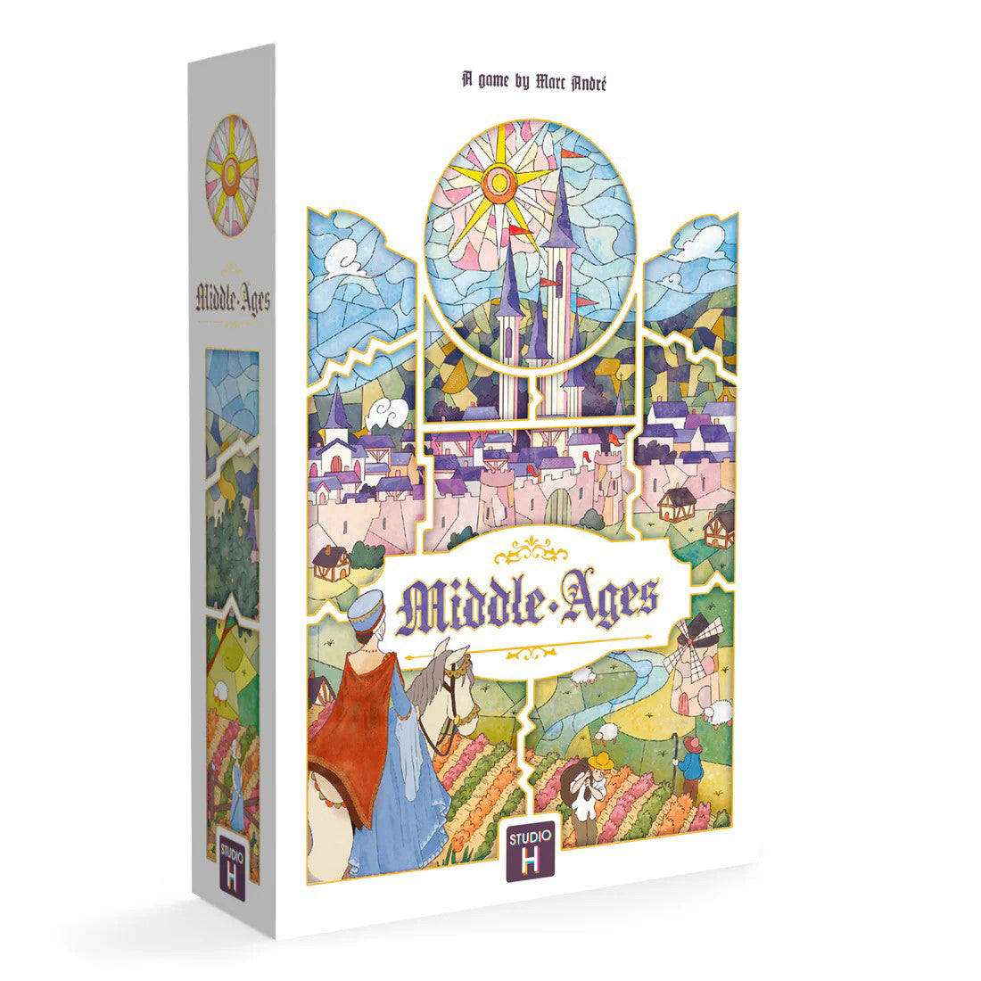 Board game box titled 'Middle Ages' with colorful illustrations on a white background