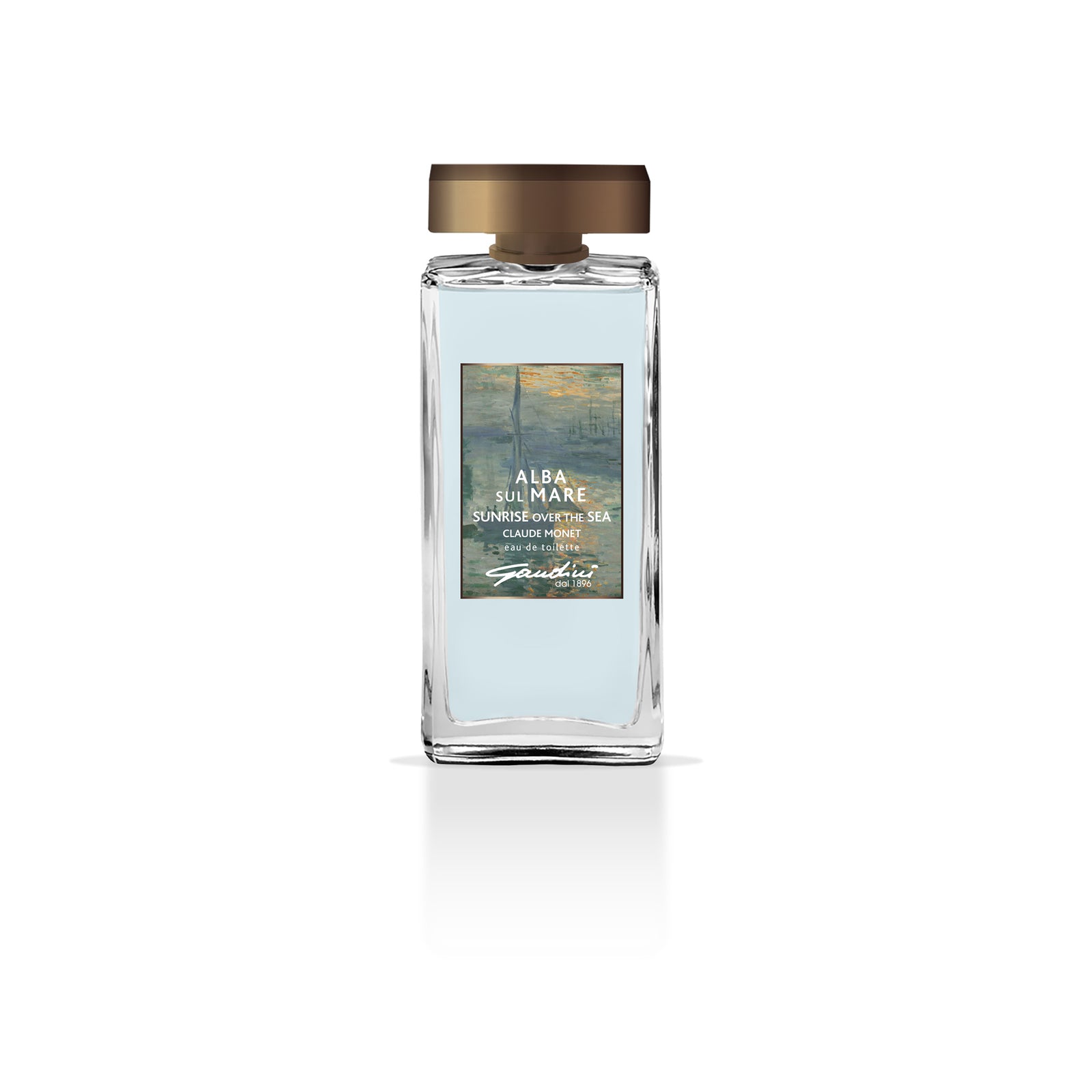 A bottle of Sunrise Over the Sea Eau de Toilette by Gandini Italian Fragrance House, with a label featuring Claude Monet's painting 'Sunrise'. The product is displayed alongside its blue packaging box.