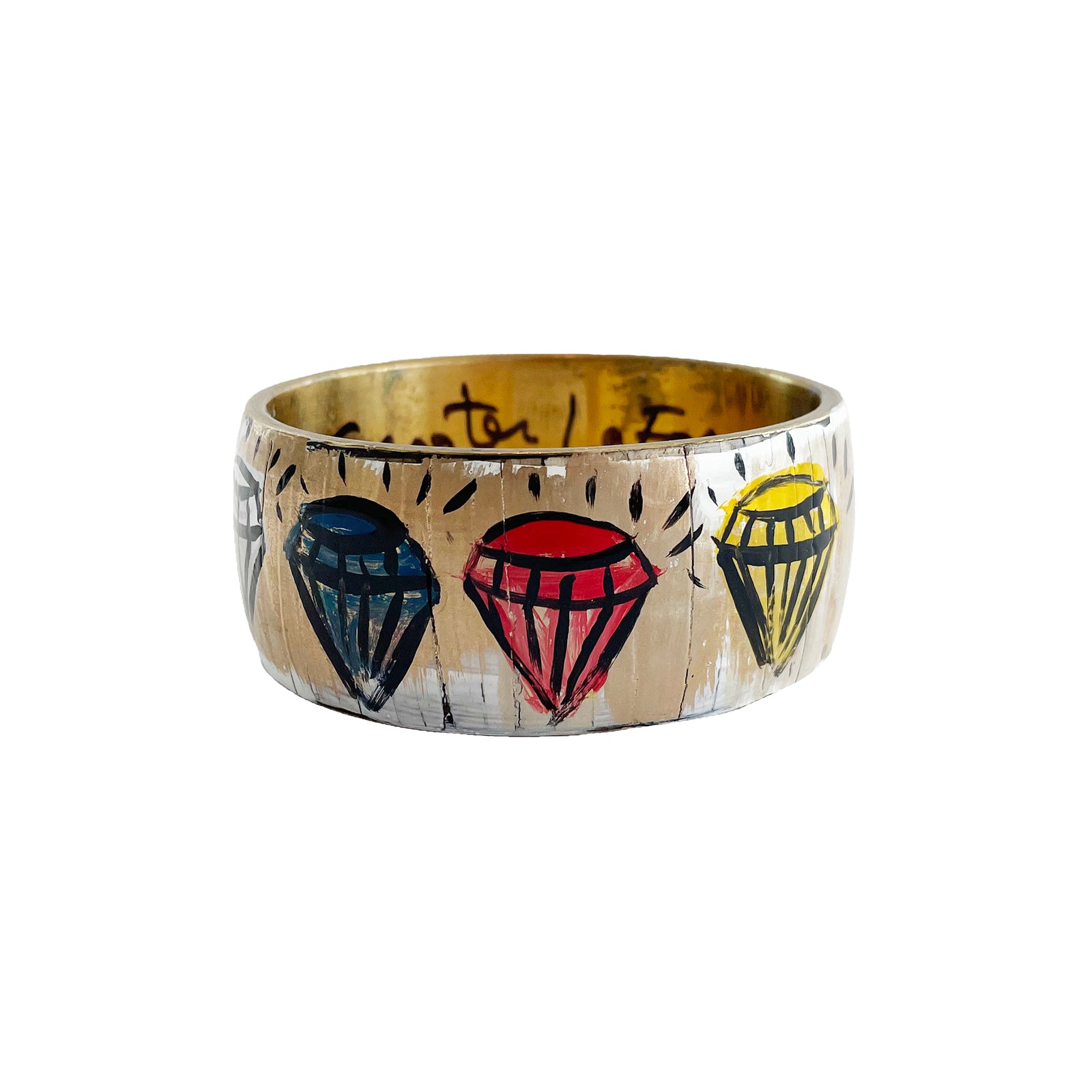 Colorful stacked wooden bangles with clock design and text on a white background