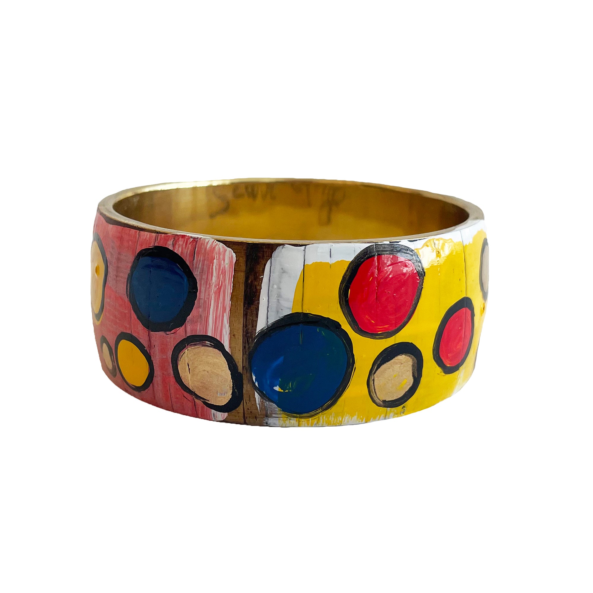 Colorful stacked wooden bangles with clock design and text on a white background