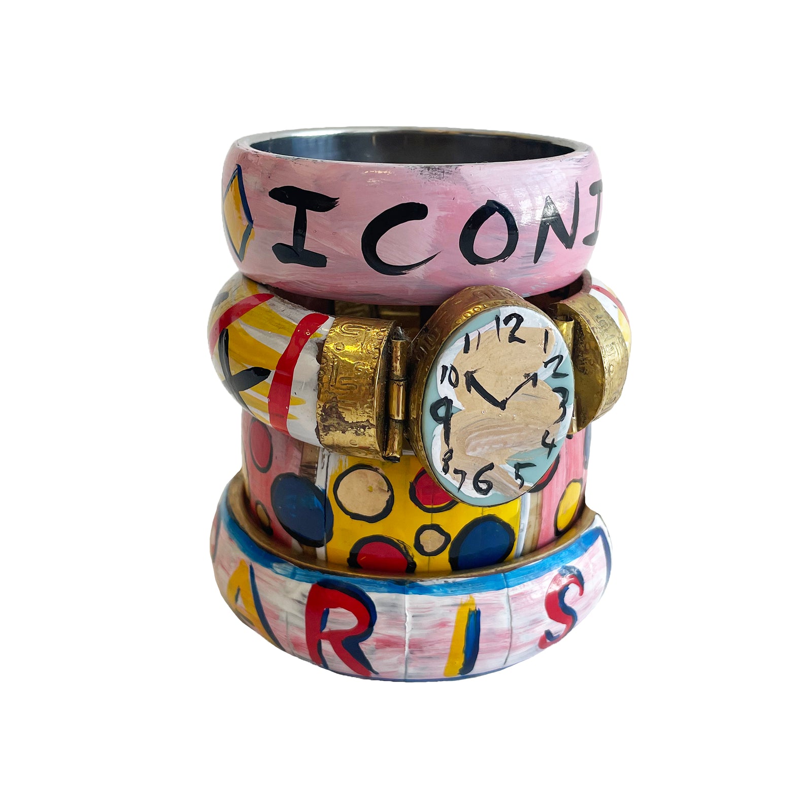 Colorful stacked wooden bangles with clock design and text on a white background