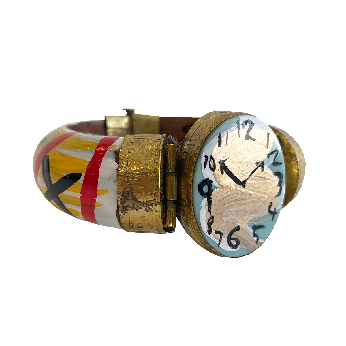 Colorful bracelet with a clock face on a white background