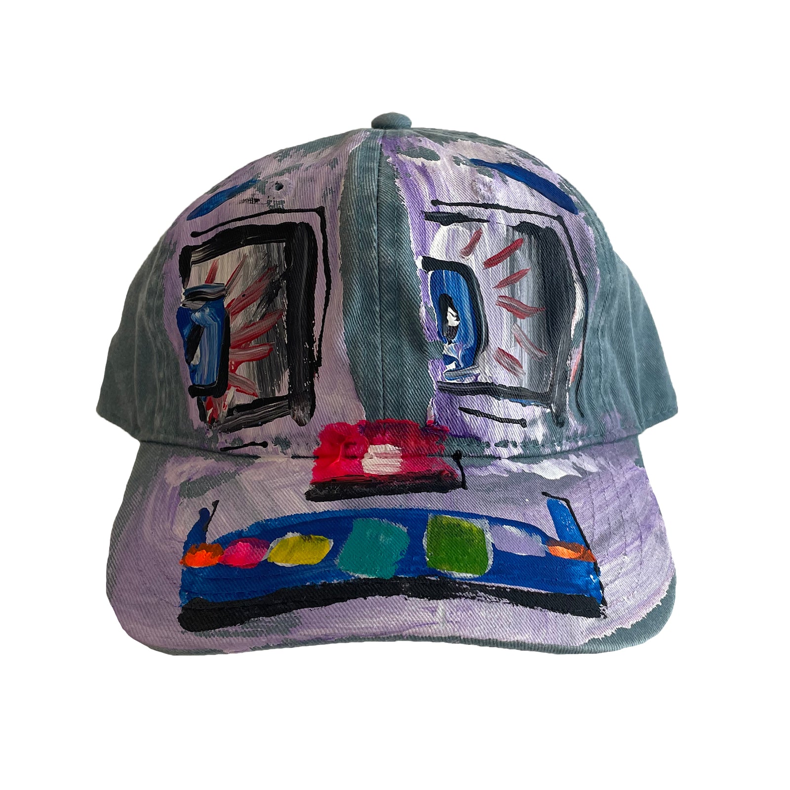 Colorful face design on a cap against a white background