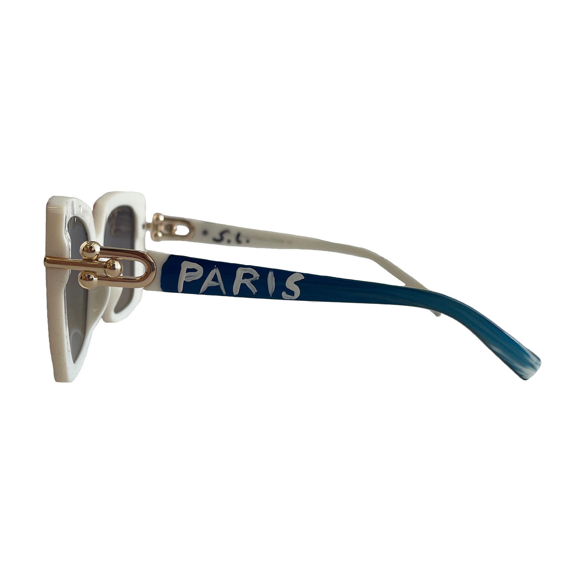 Sunglasses with red and white striped frame on a white background