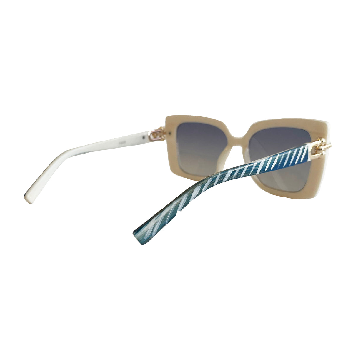 Sunglasses with a striped strap on a white background