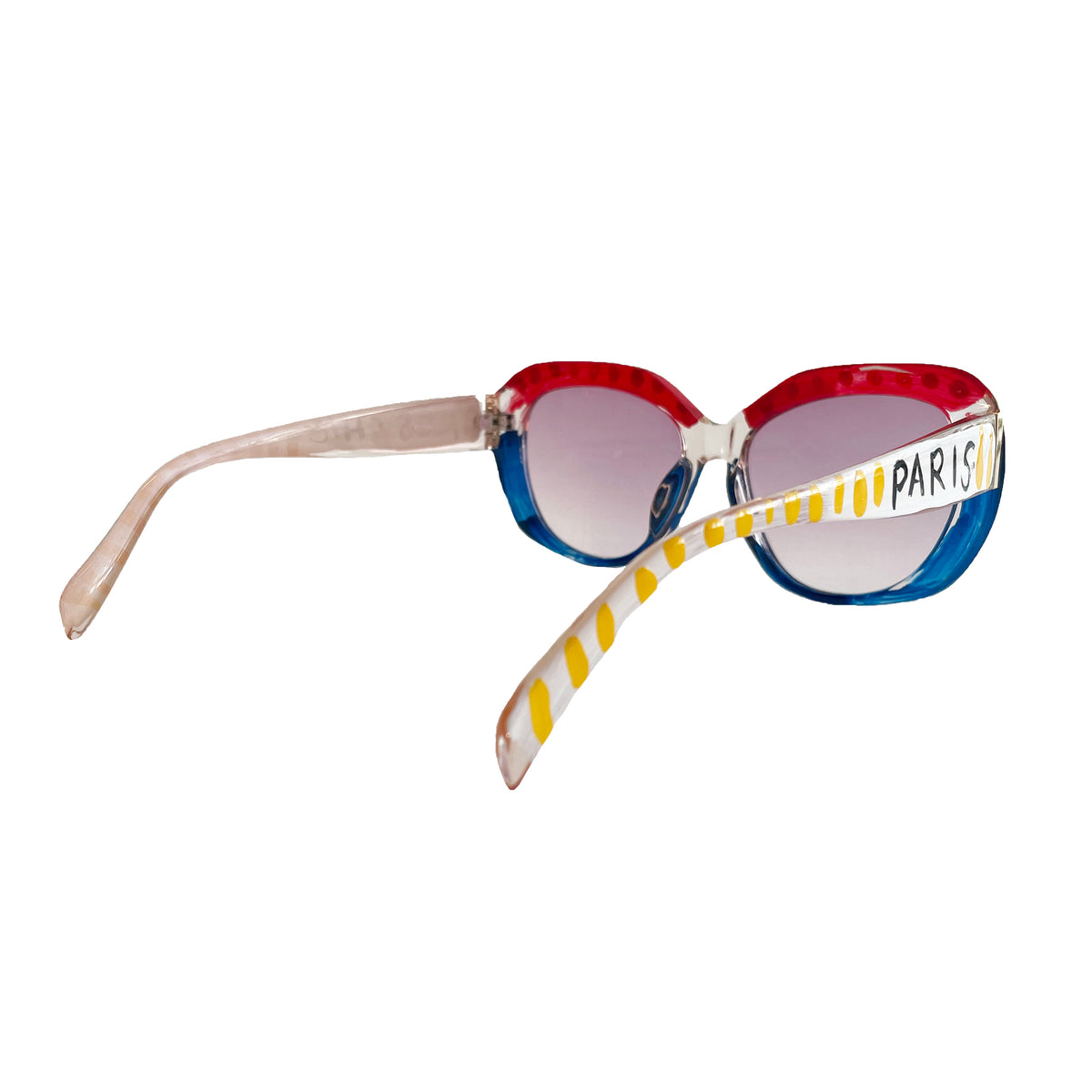 Sunglasses with red and blue frame and striped arm on a white background