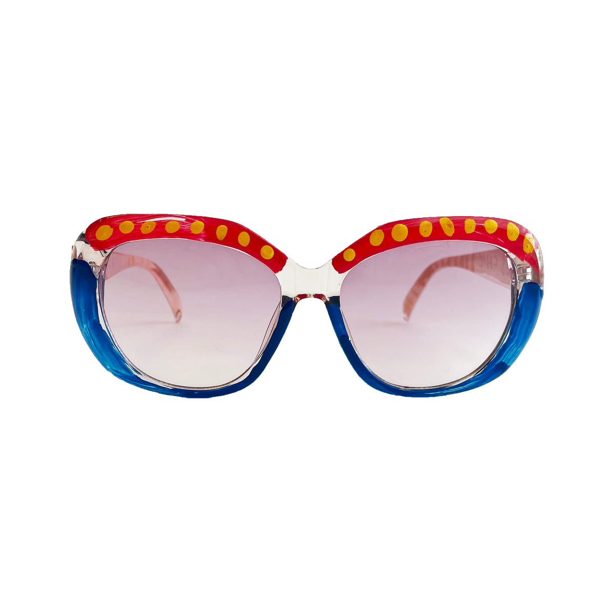 Sunglasses with blue frame, red top border, and yellow polka dots on a white background