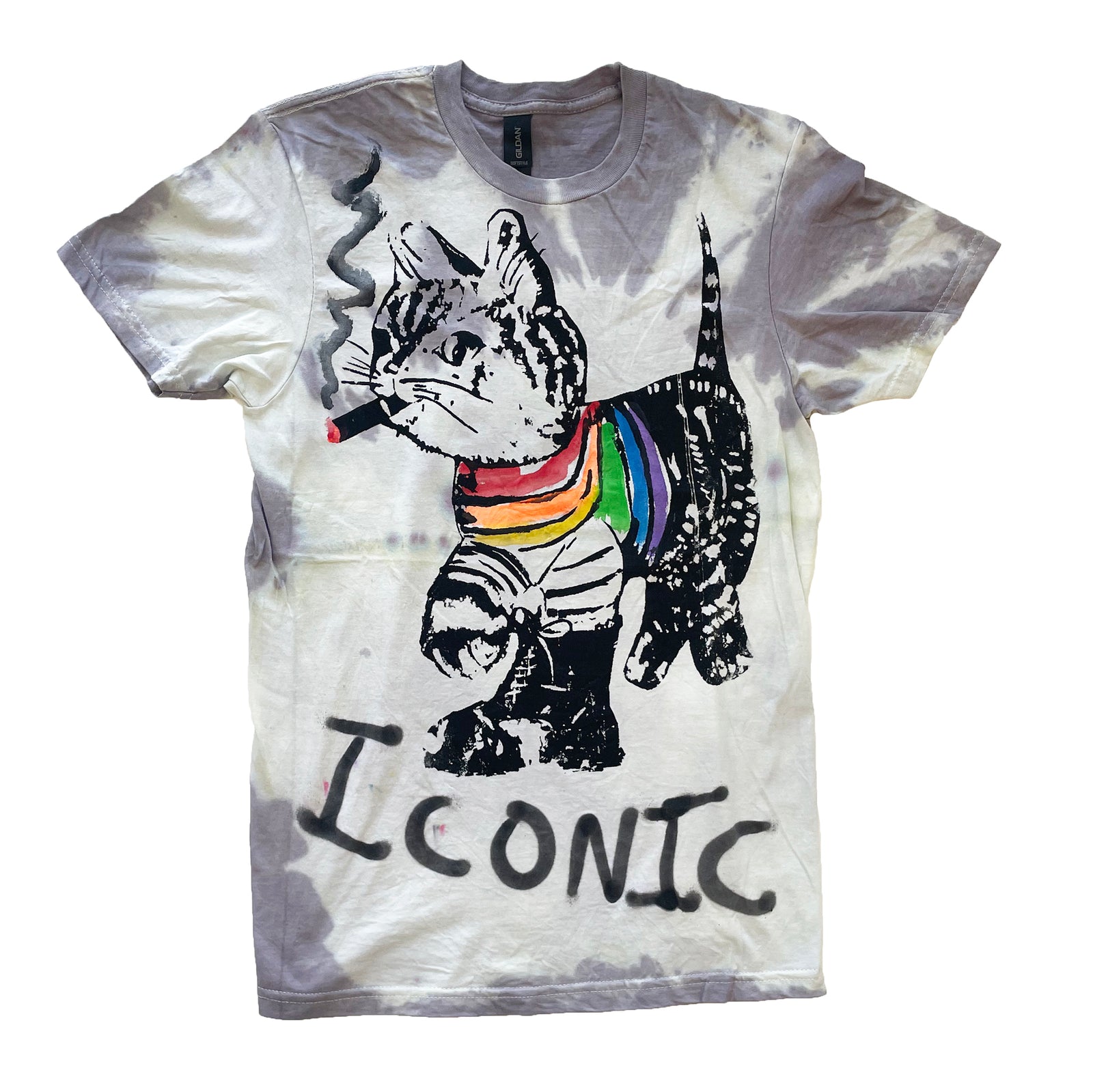 T-shirt with a graphic of a cat wearing a rainbow collar and smoking a cigarette, with 'Iconic' text.