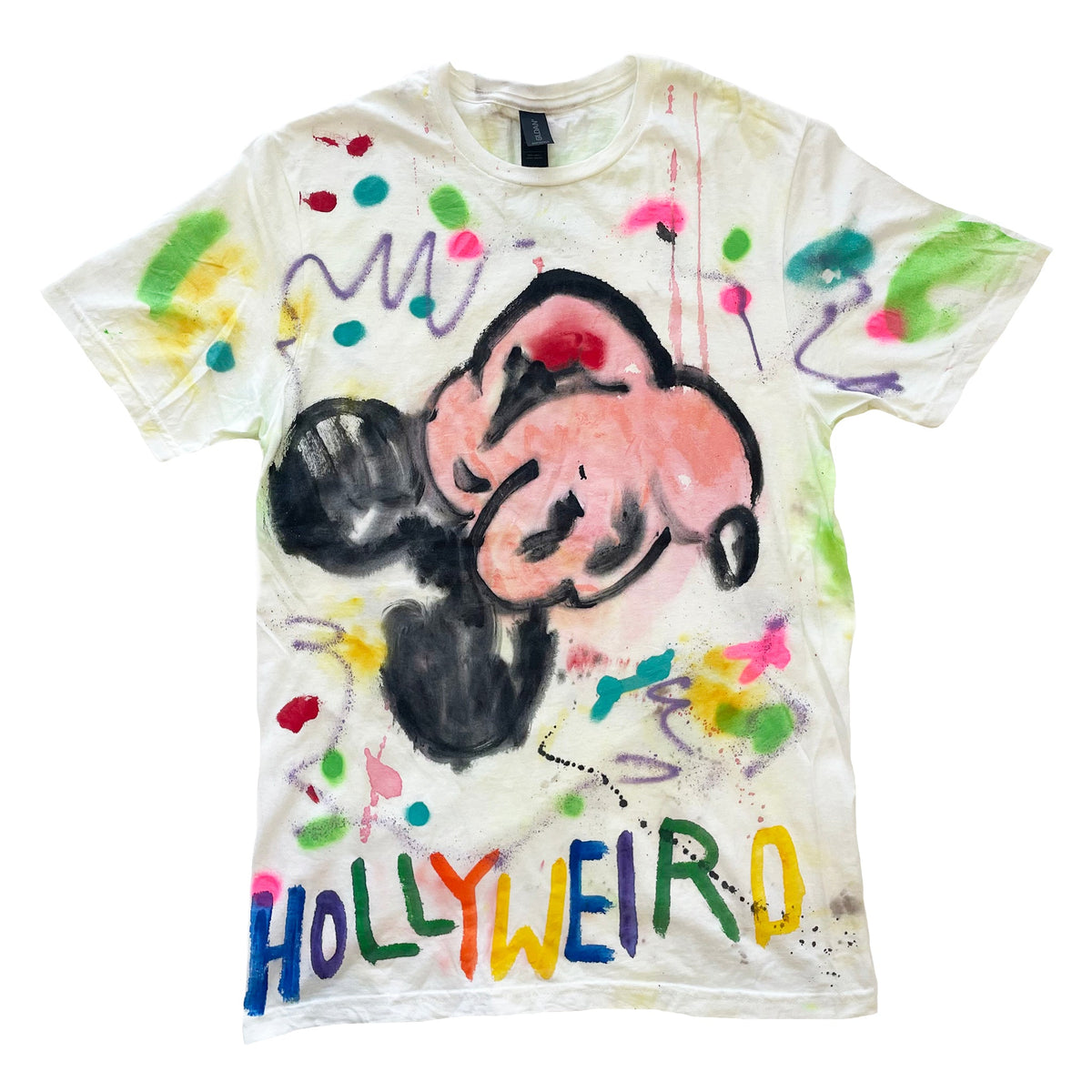 T-shirt with a colorful design featuring a cartoon character and the word &#39;Hollyweird&#39;.