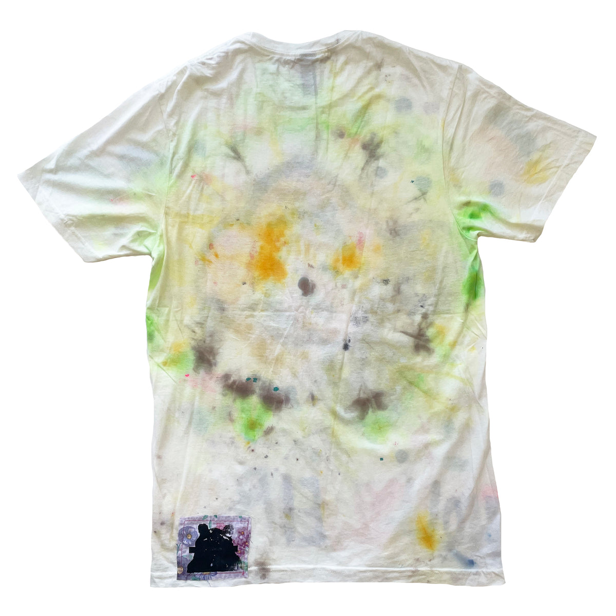 Tie-dye t-shirt with a small logo on the bottom right corner against a white background