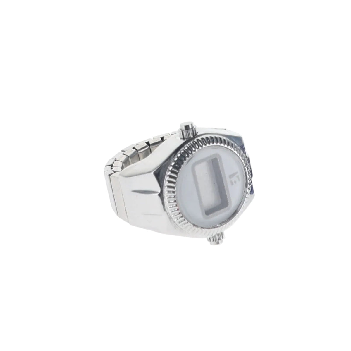 A silver-toned digital watch with a textured bezel and a matching metal link band, shown against a plain white background.