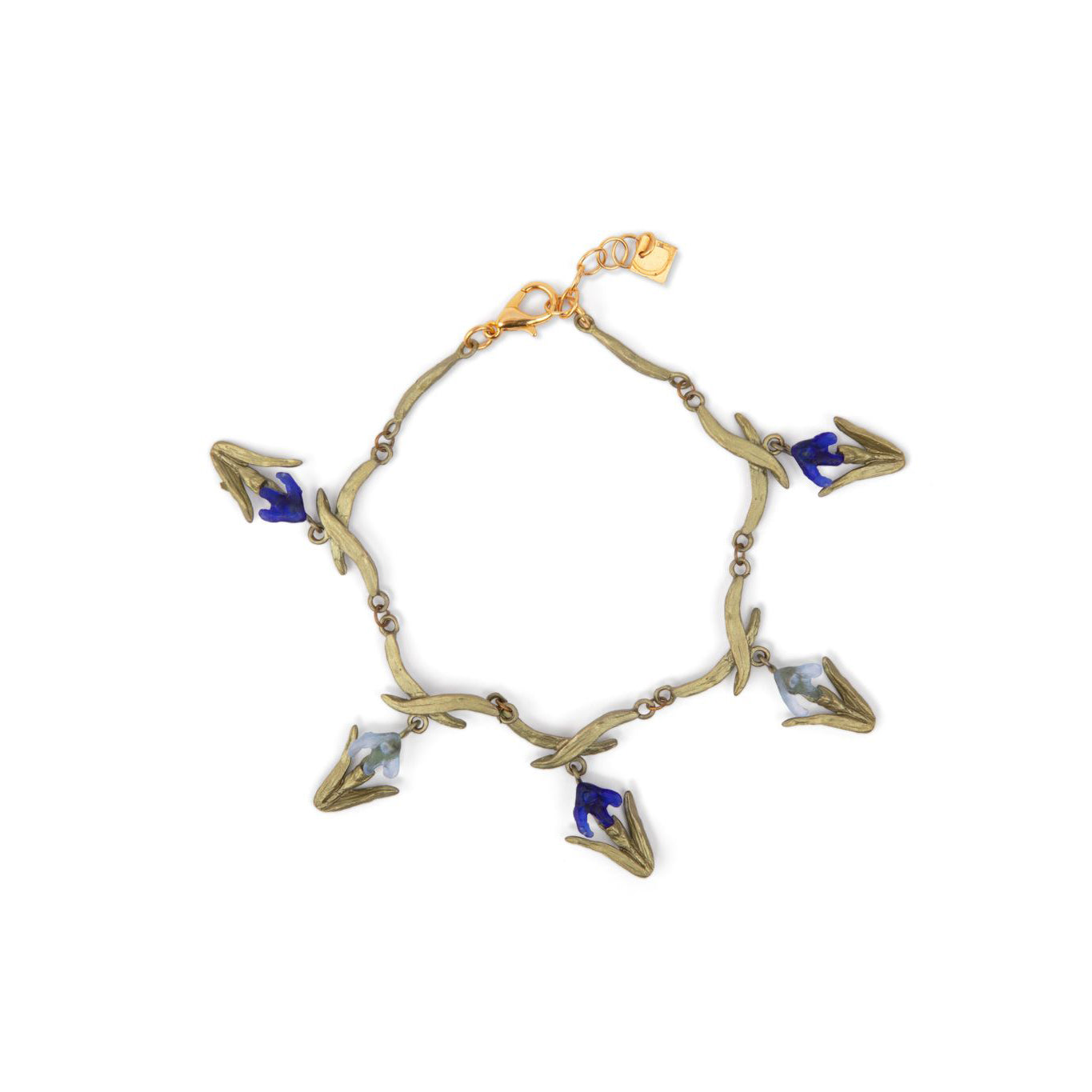 Glass blue irises on a charm bracelet