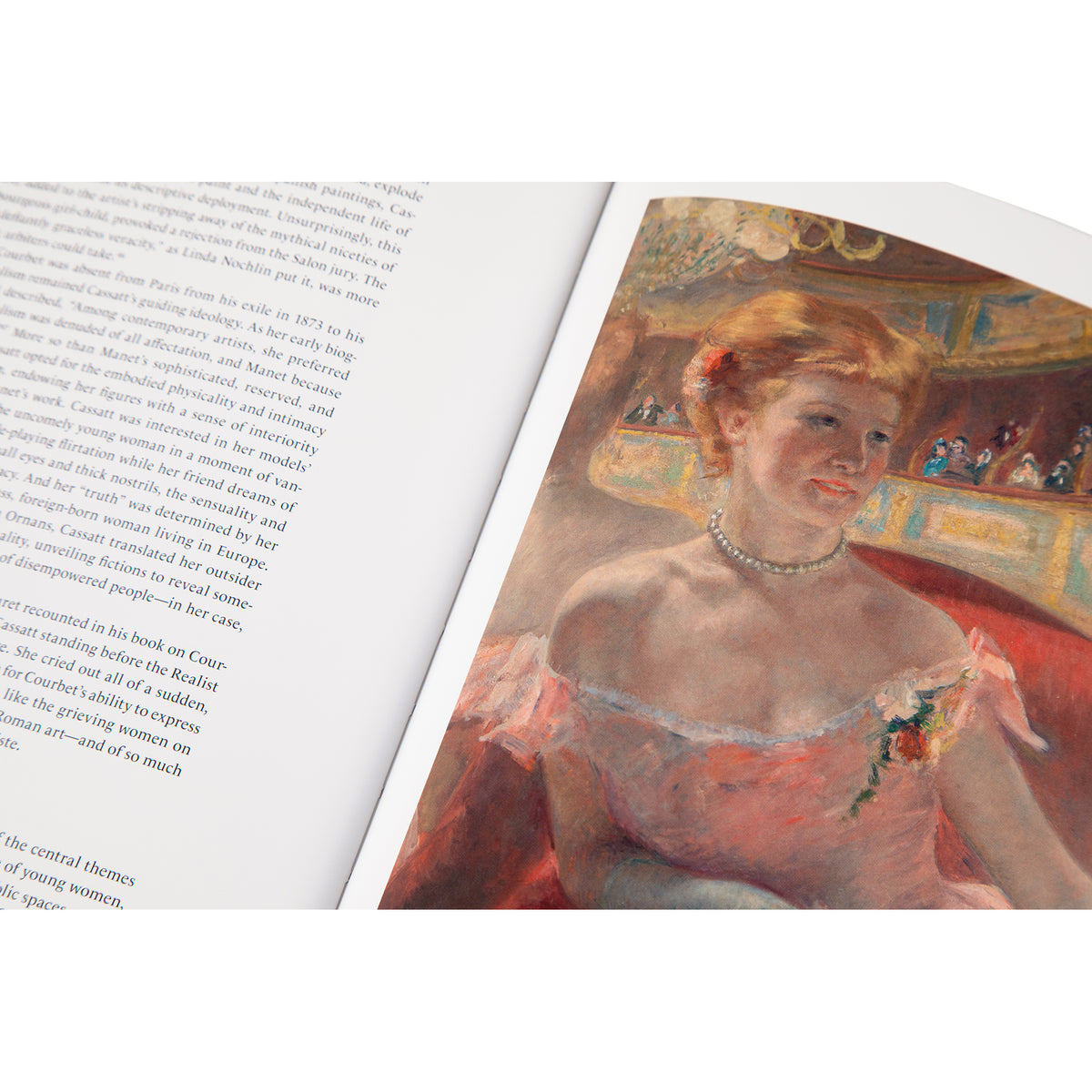 An open book spread showing printed text on the left page and a painted portrait of a woman in a pink dress on the right page.