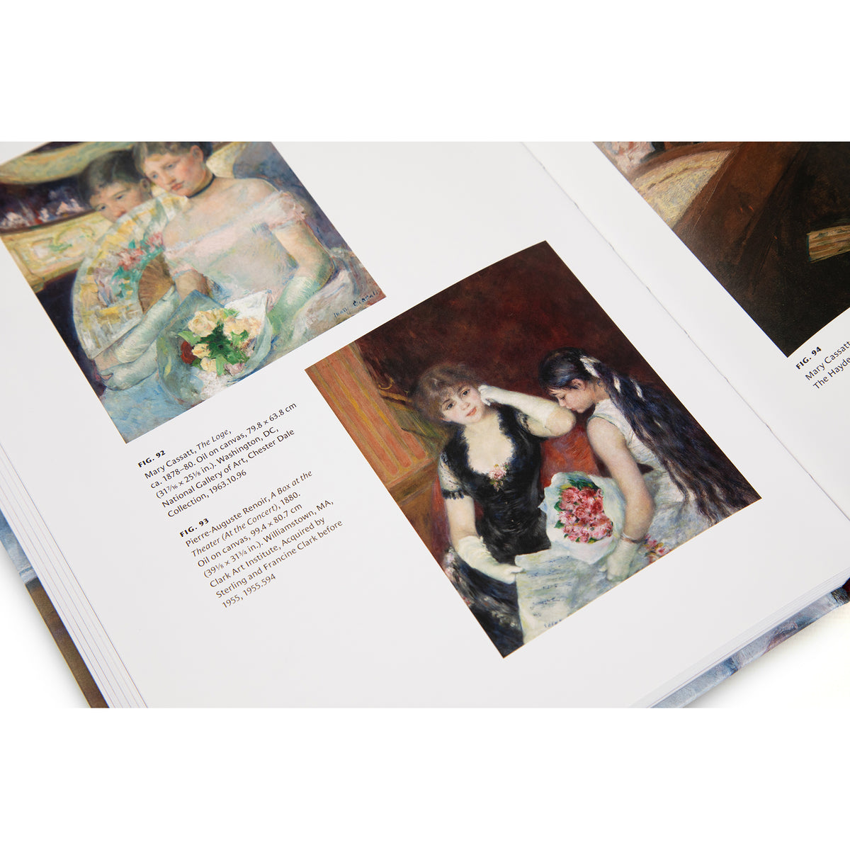 An open art book showing two classical paintings with printed captions. The left page features a painting of a woman in a light blue dress holding flowers, and the right page shows another classical portrait painting.