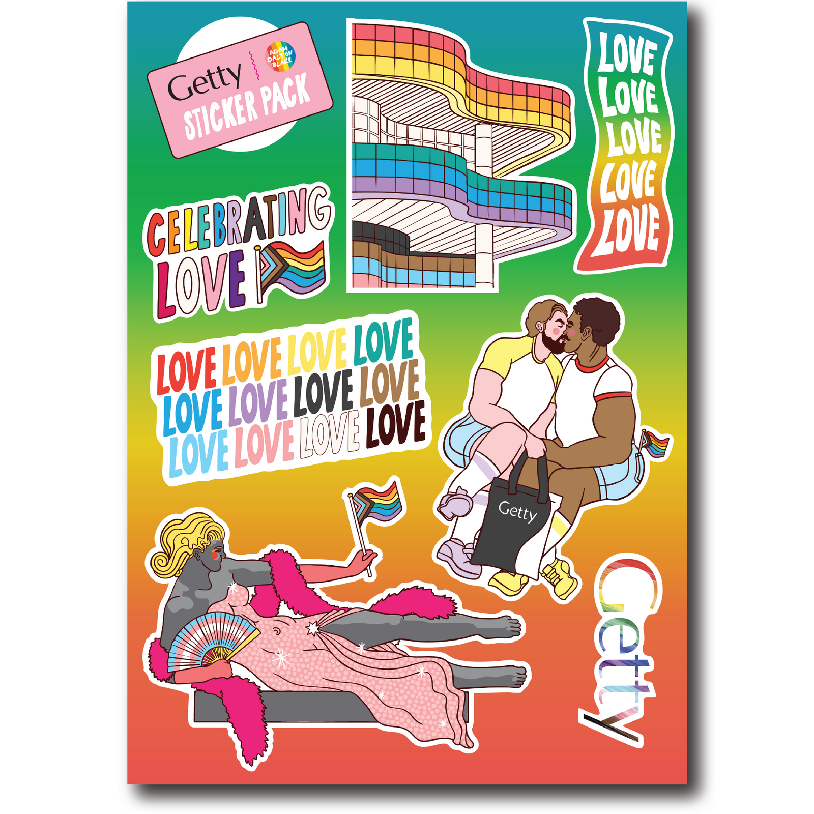 Sticker pack with LGBTQ+ themes and 'Getty' branding on a colorful background