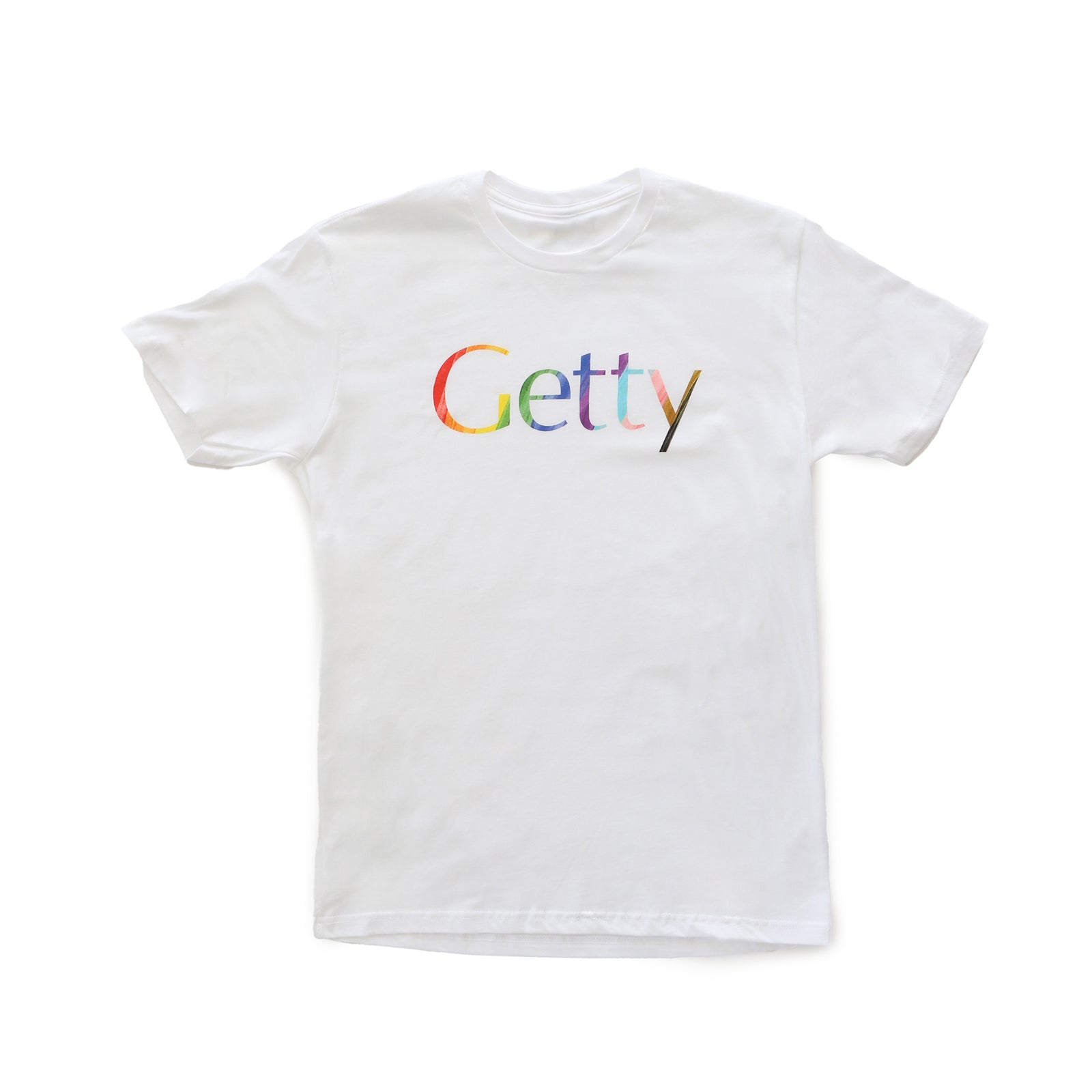 White t-shirt with 'Getty' printed in colorful letters on a white background