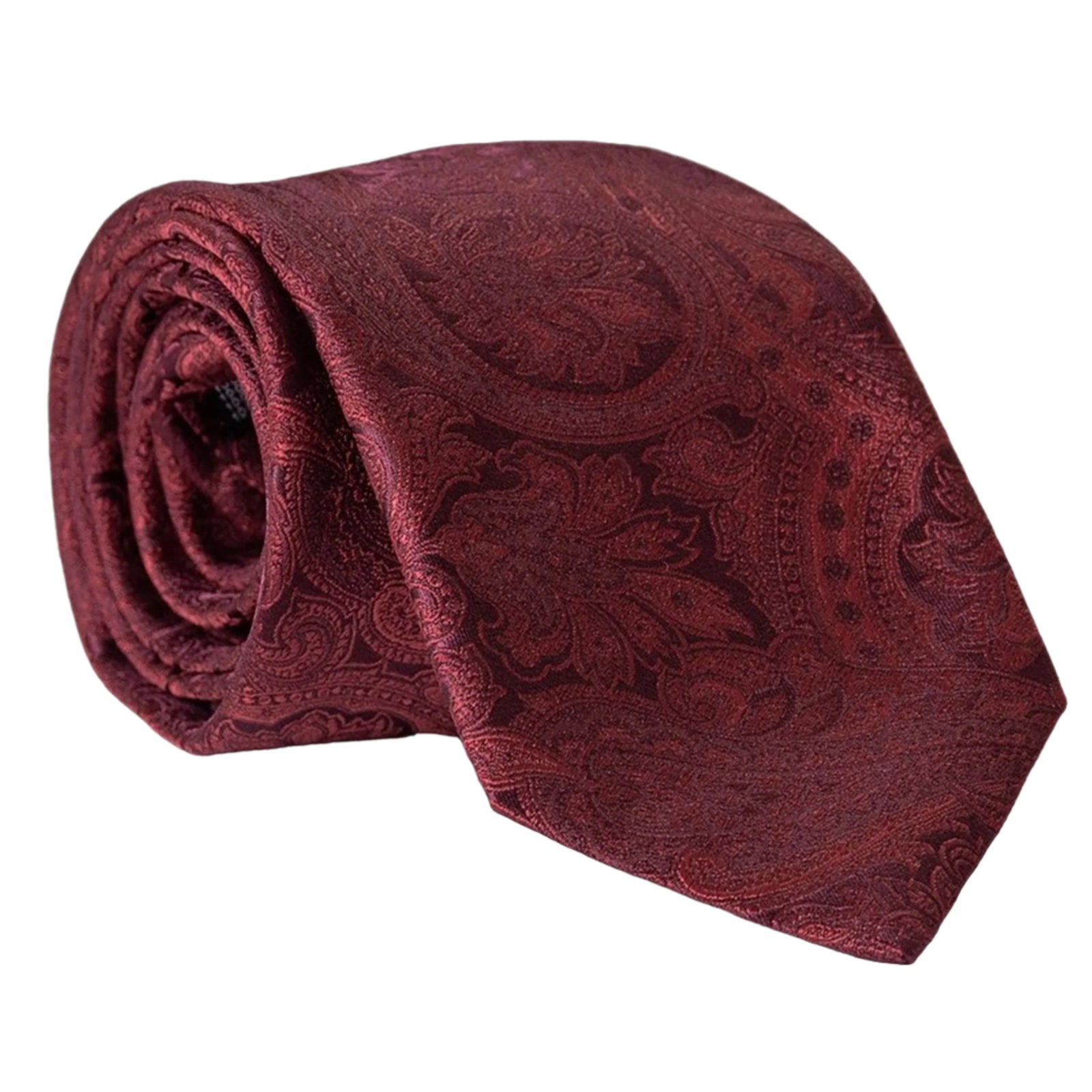 A folded silk jacquard tie in burgundy with an intricate woven paisley motif.