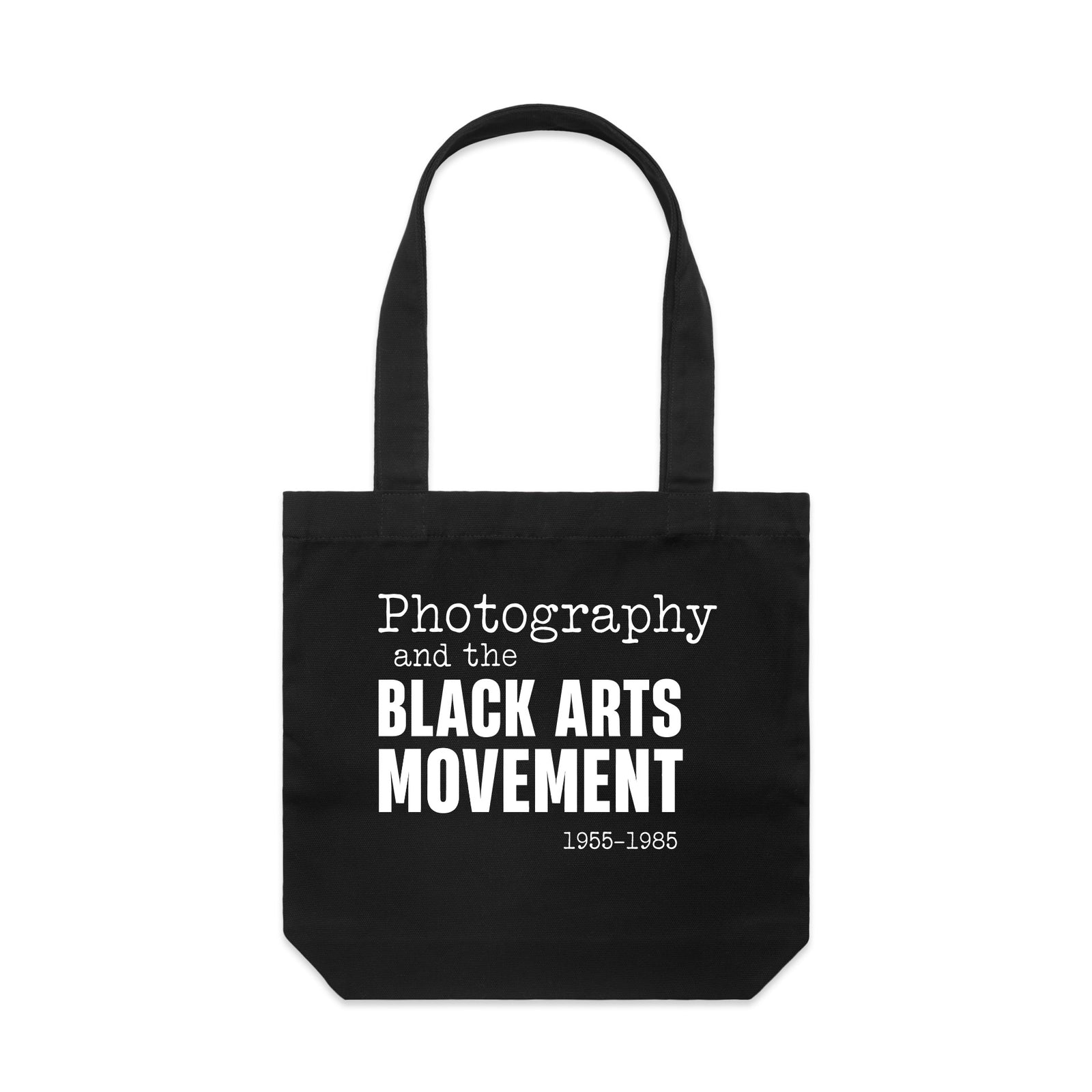 Black tote bag with white text on a white background