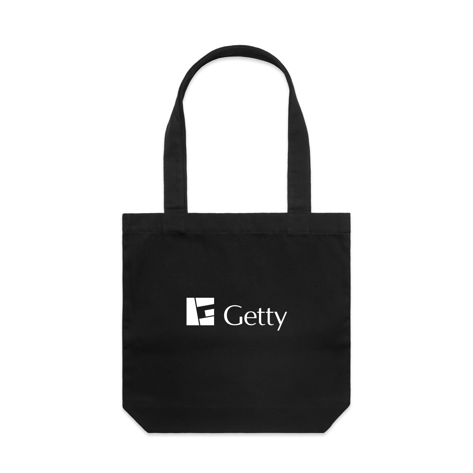 Black tote bag with white text on a white background