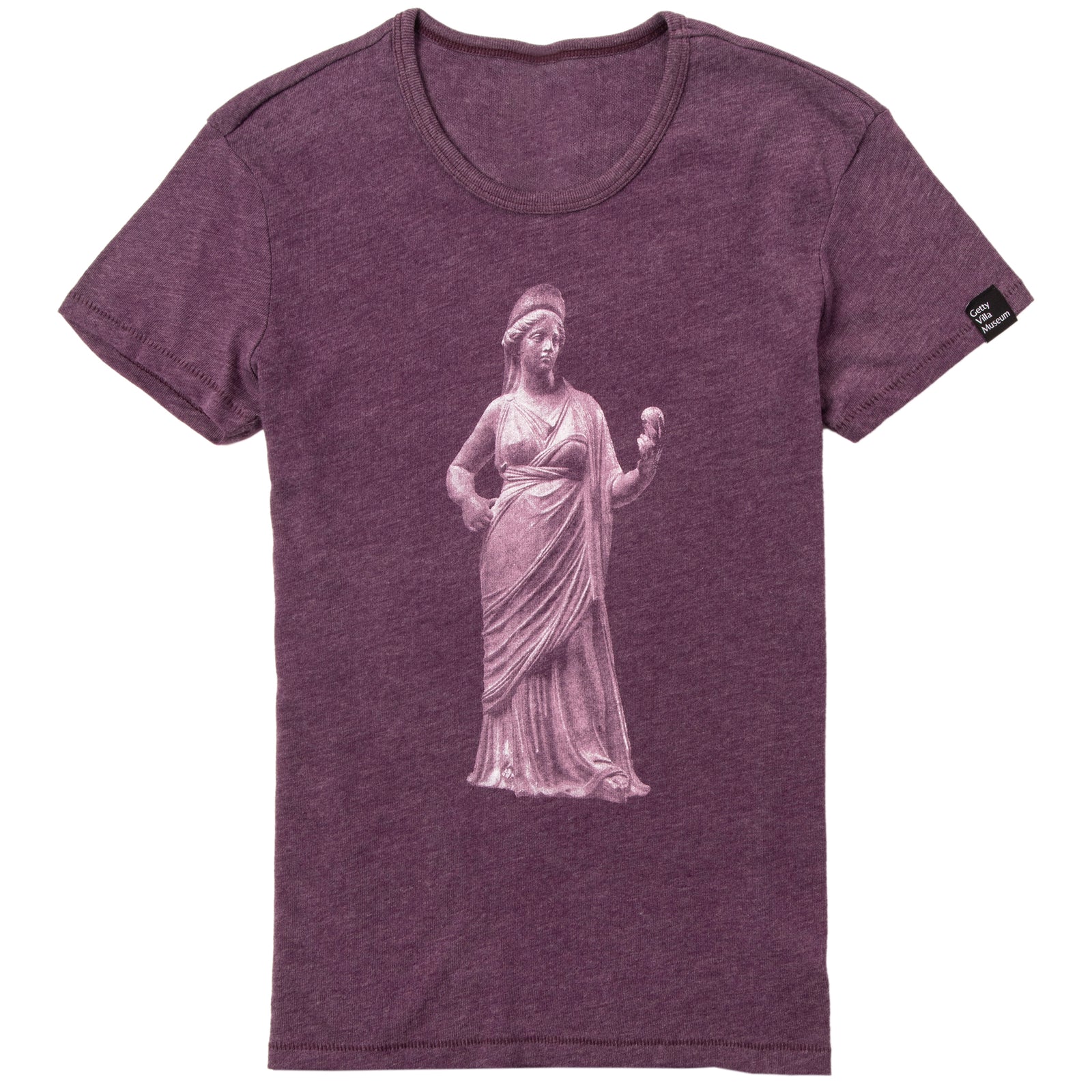 A purple fitted t-shirt featuring an image of a statuette of the goddess of love, Aphrodite.