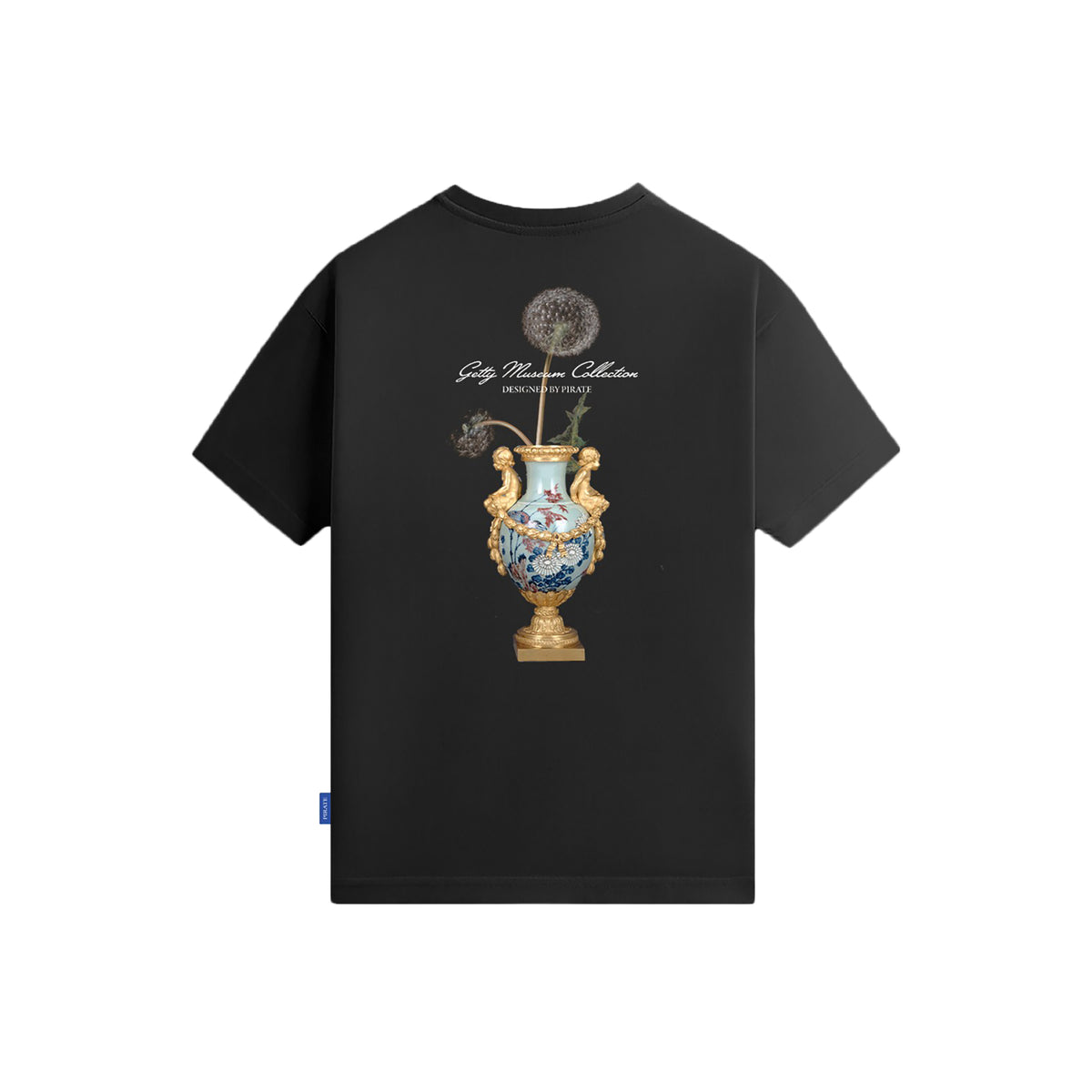 Black t-shirt with a decorative vase and dandelion design on a white background