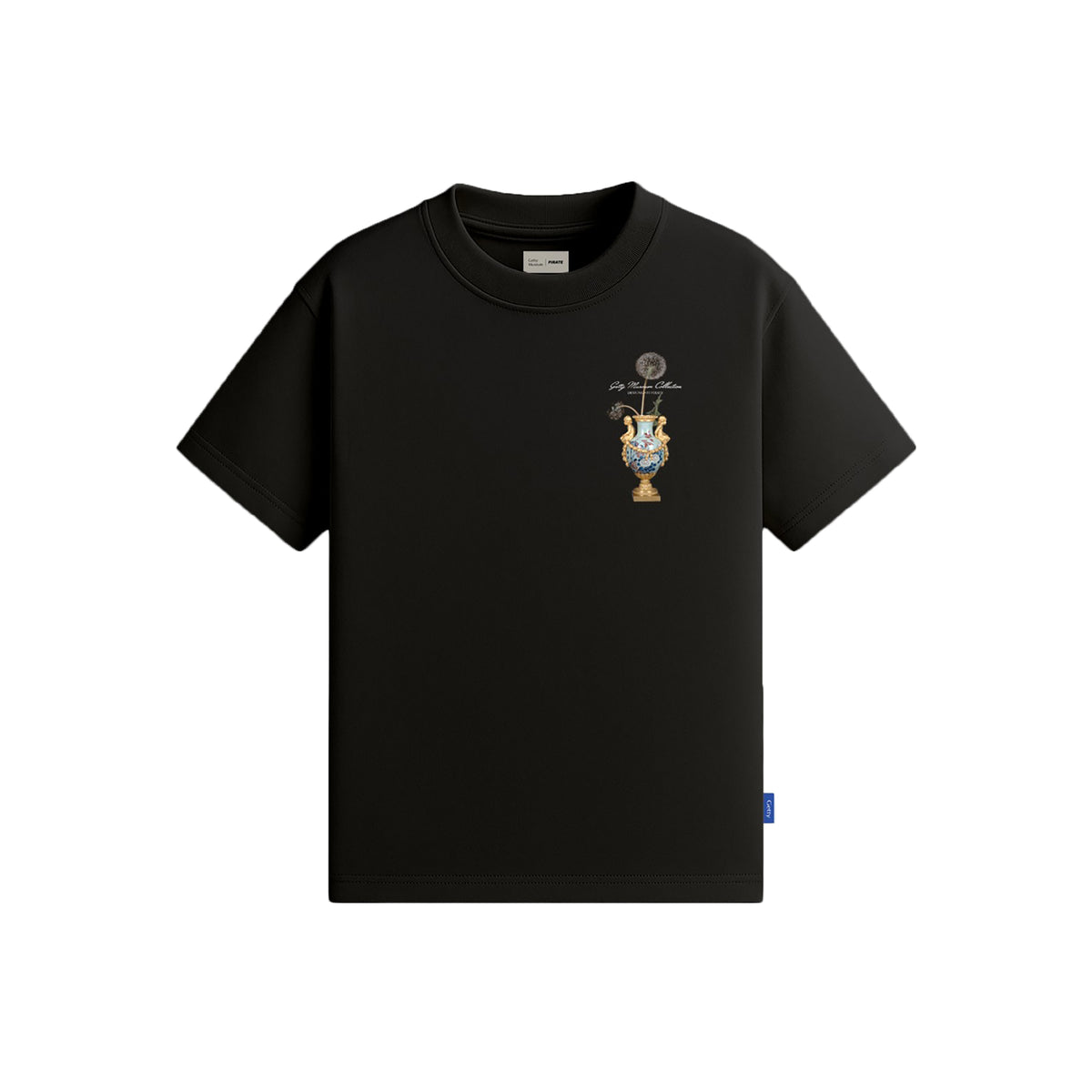 Black t-shirt with a colorful graphic on a white background