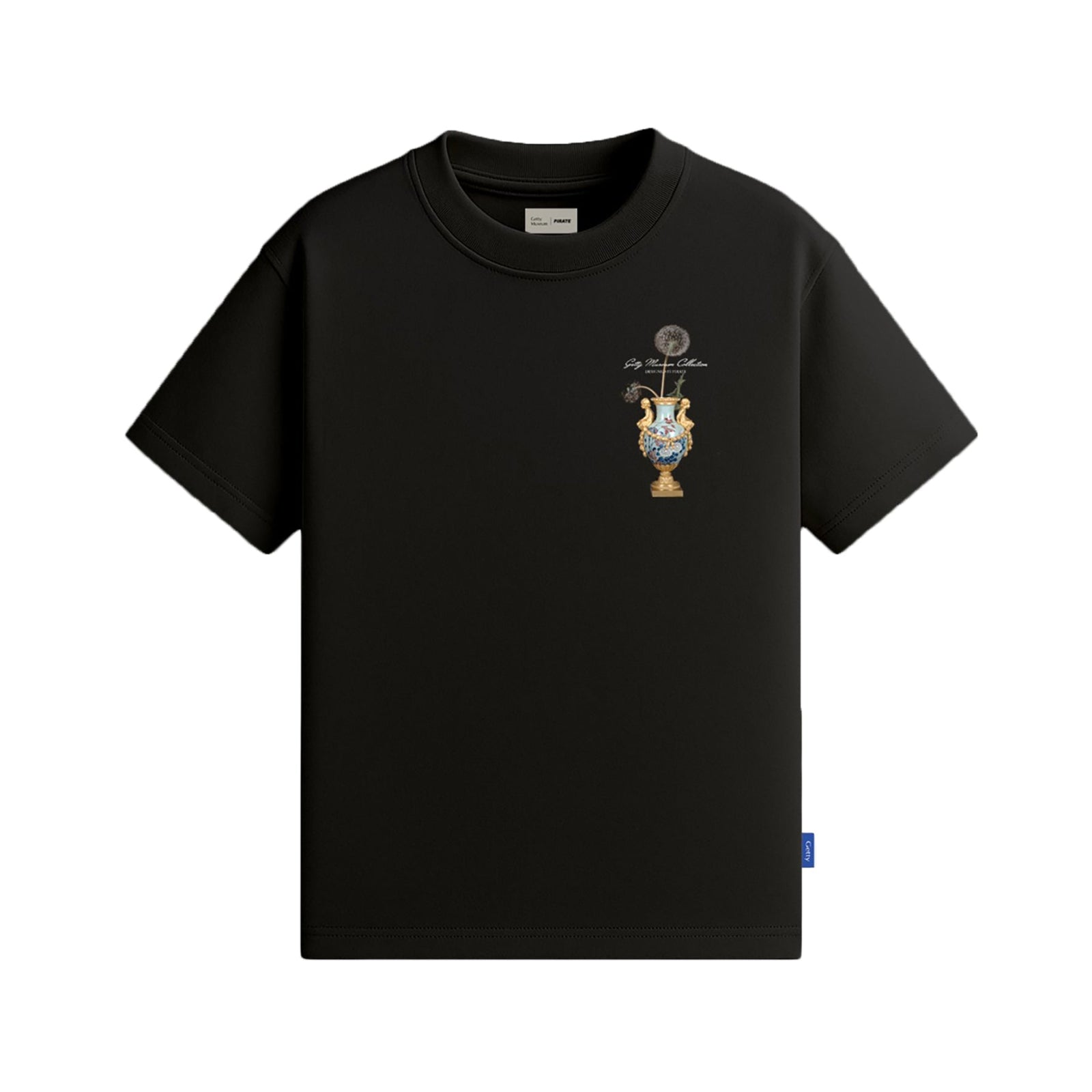 Black t-shirt with a colorful graphic on a white background