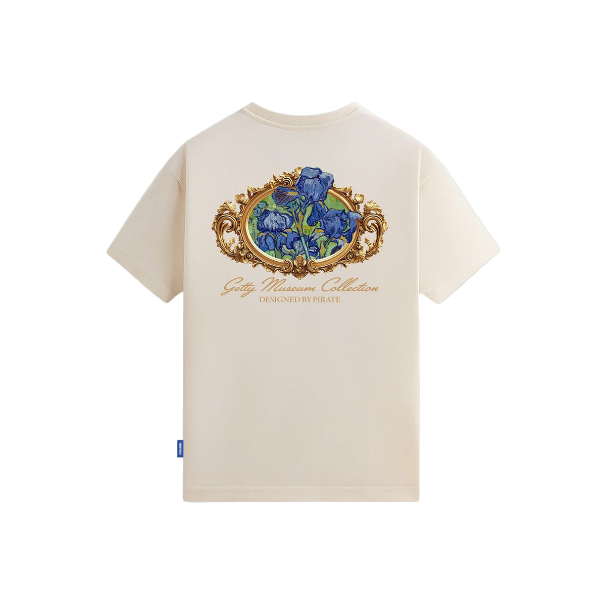 Beige t-shirt with floral emblem and &#39;Getty Museum Collection&#39; text on a white background