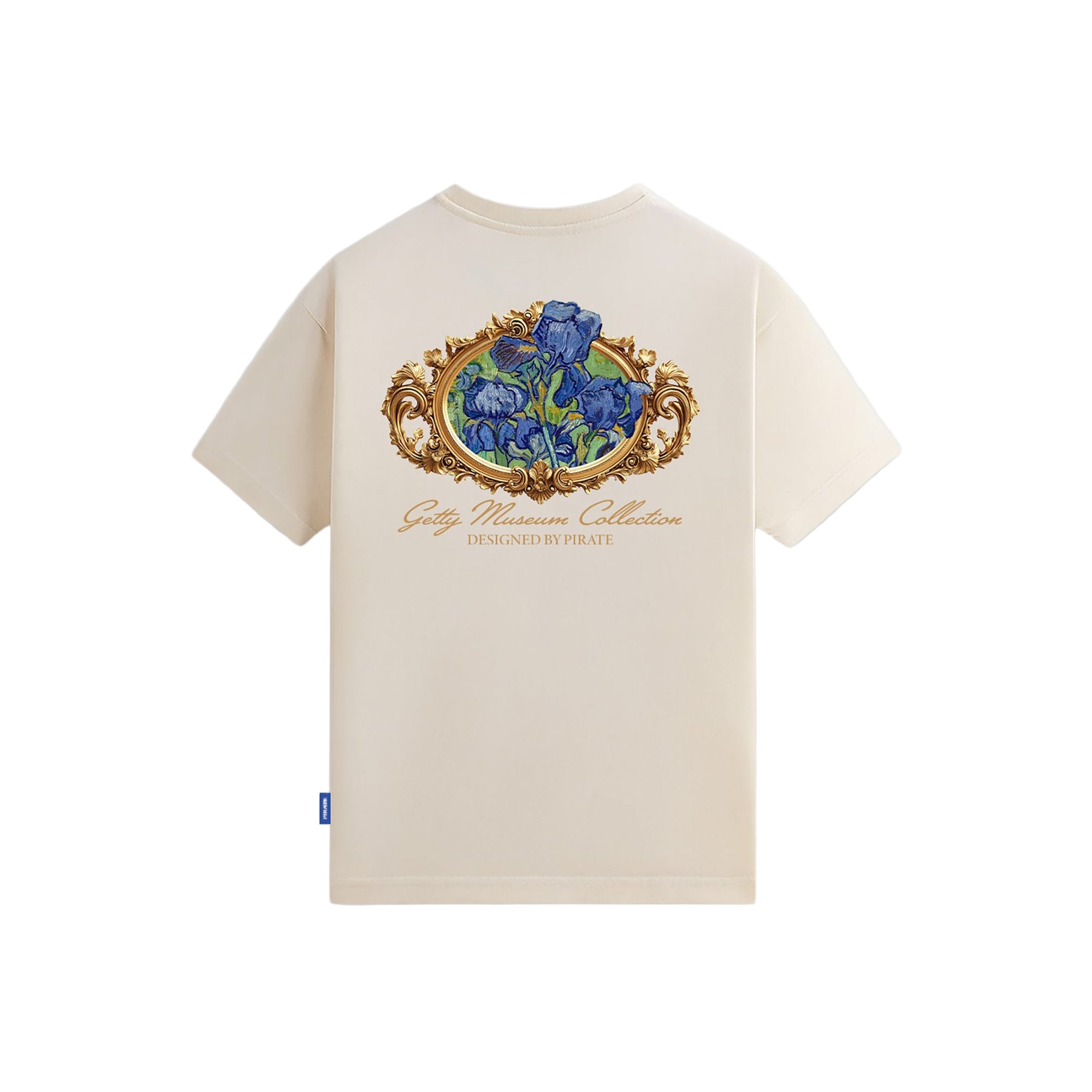 Beige t-shirt with a colorful emblem on a white background