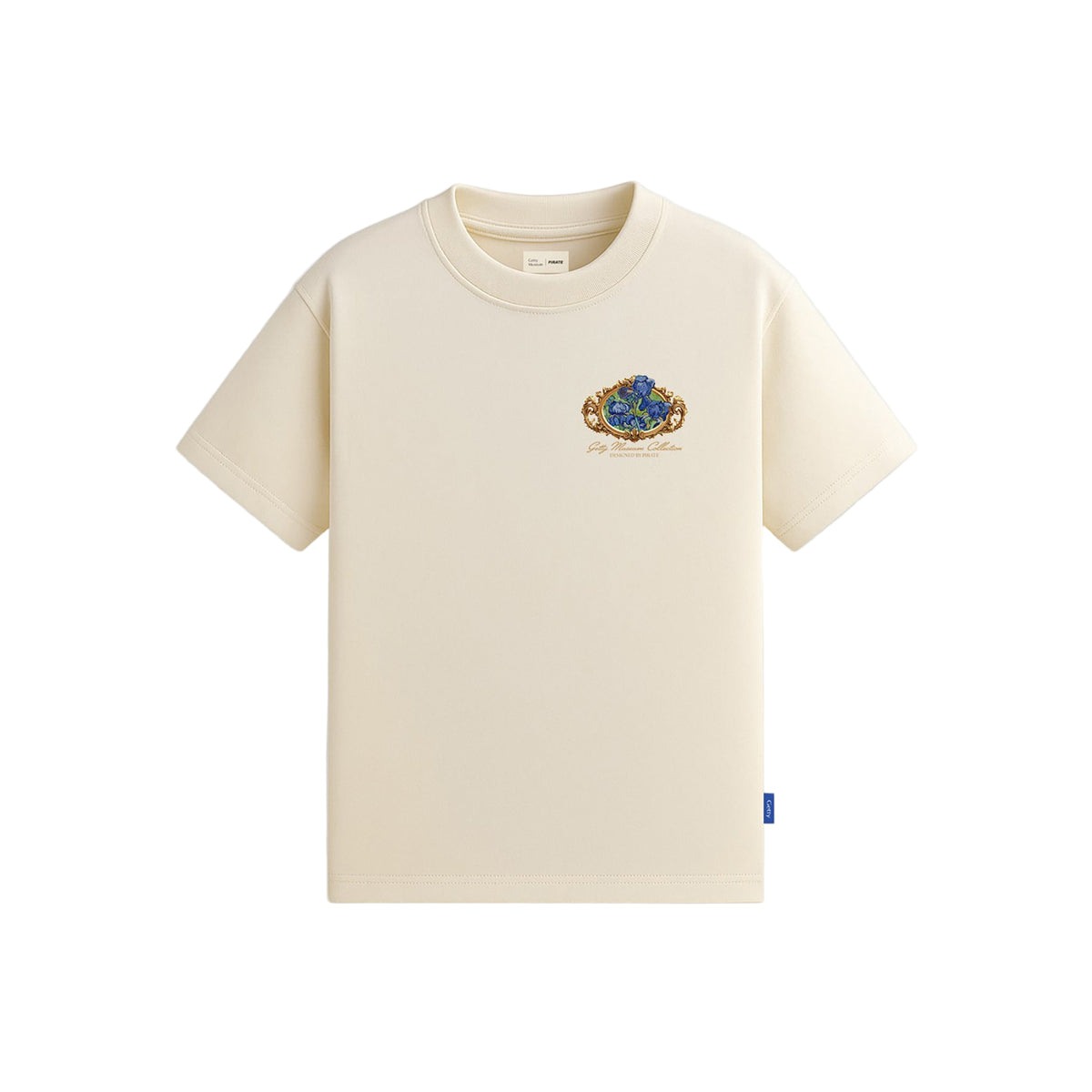 Beige t-shirt with a colorful emblem on a white background
