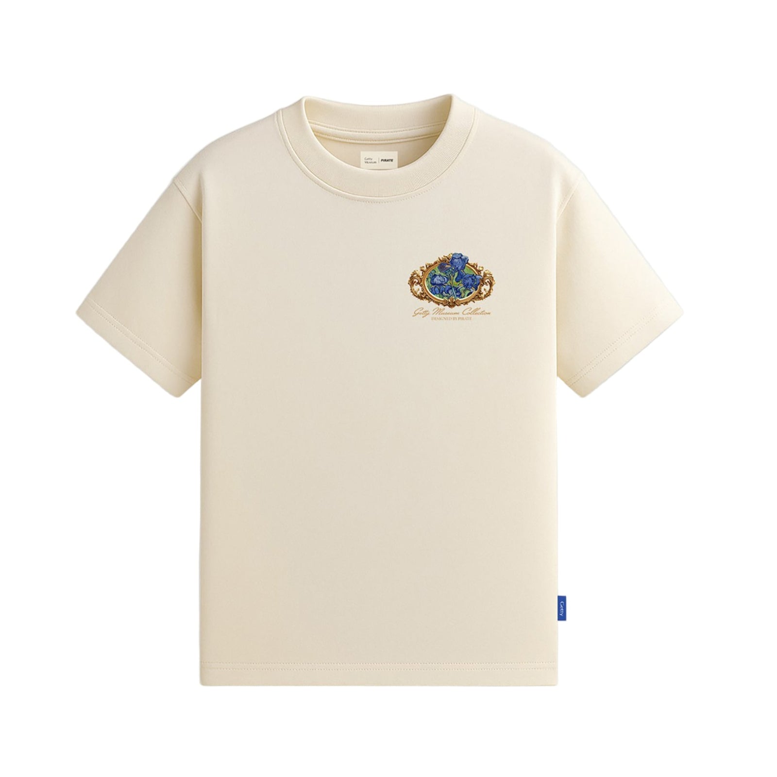 Beige t-shirt with a colorful emblem on a white background