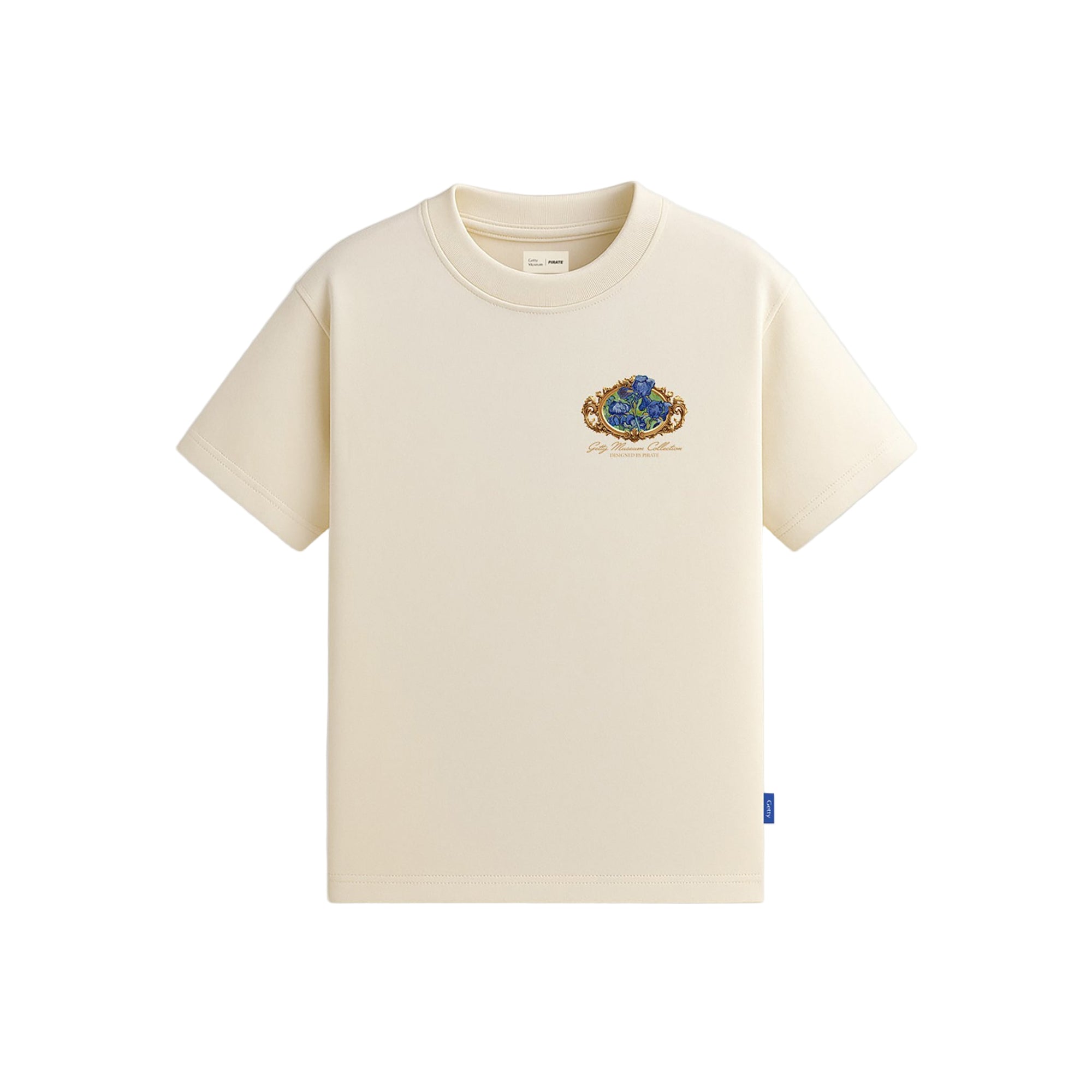 Beige t-shirt with a colorful emblem on a white background