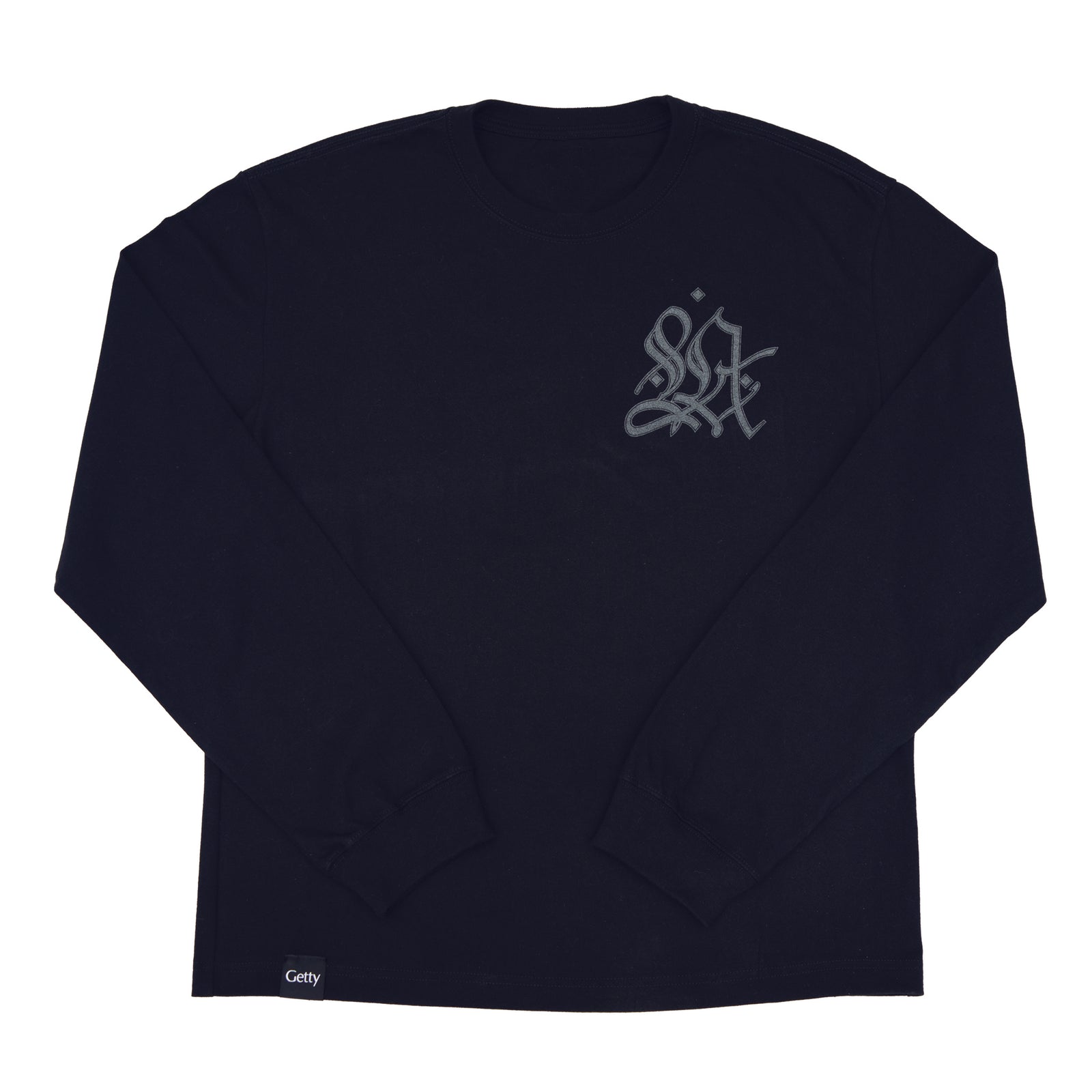 Black long-sleeve shirt with a logo on the chest against a white background