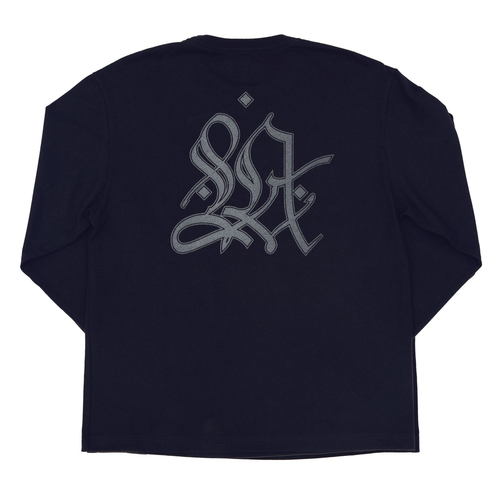 Black long-sleeve shirt with a logo on the chest against a white background