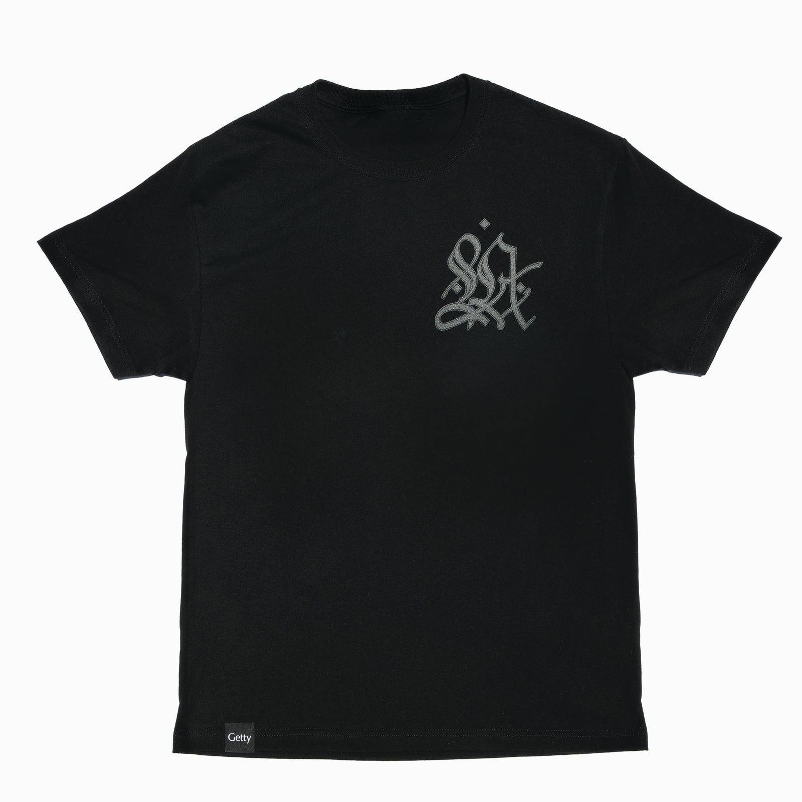 Black t-shirt with a white logo on a white background