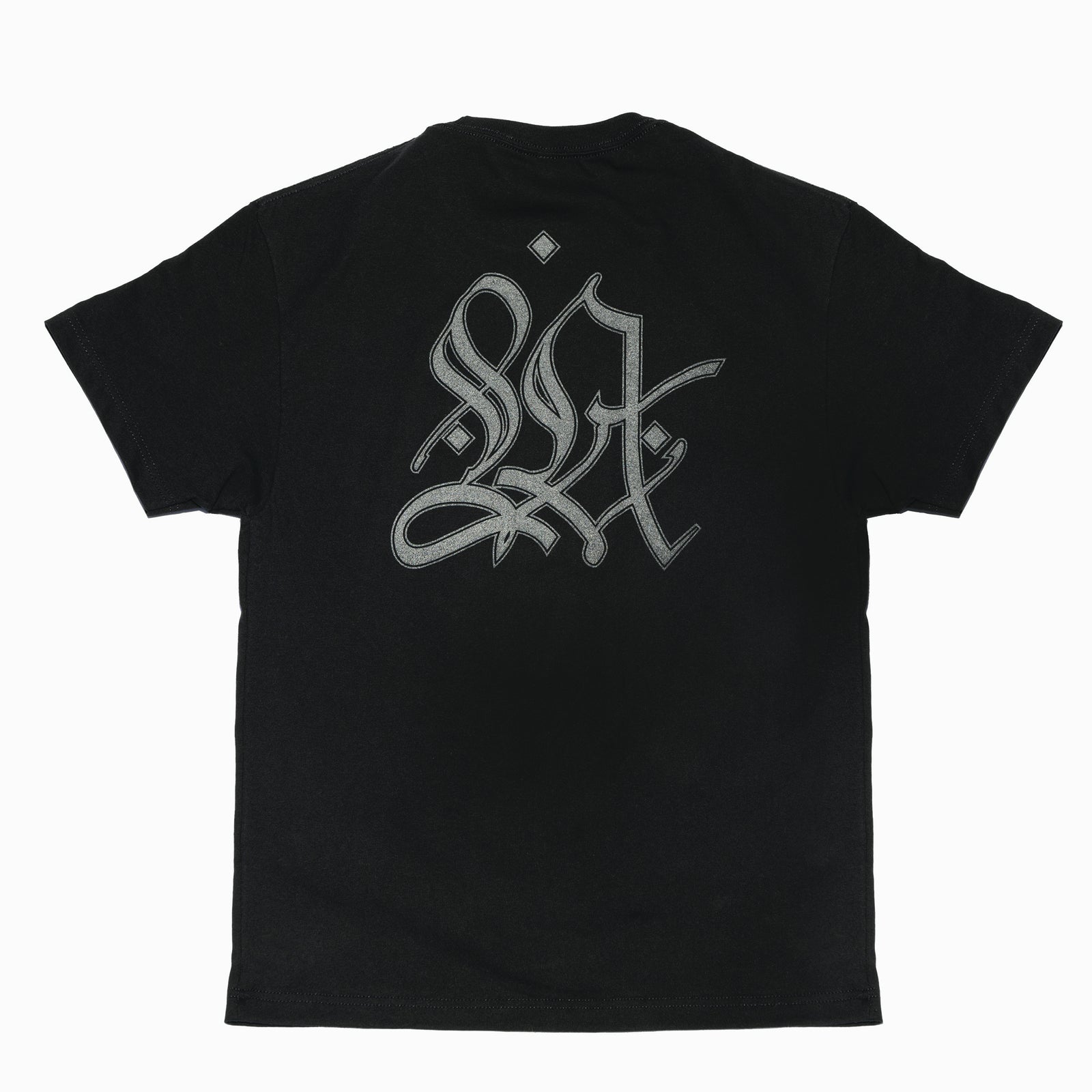 Black t-shirt with a white logo on a white background