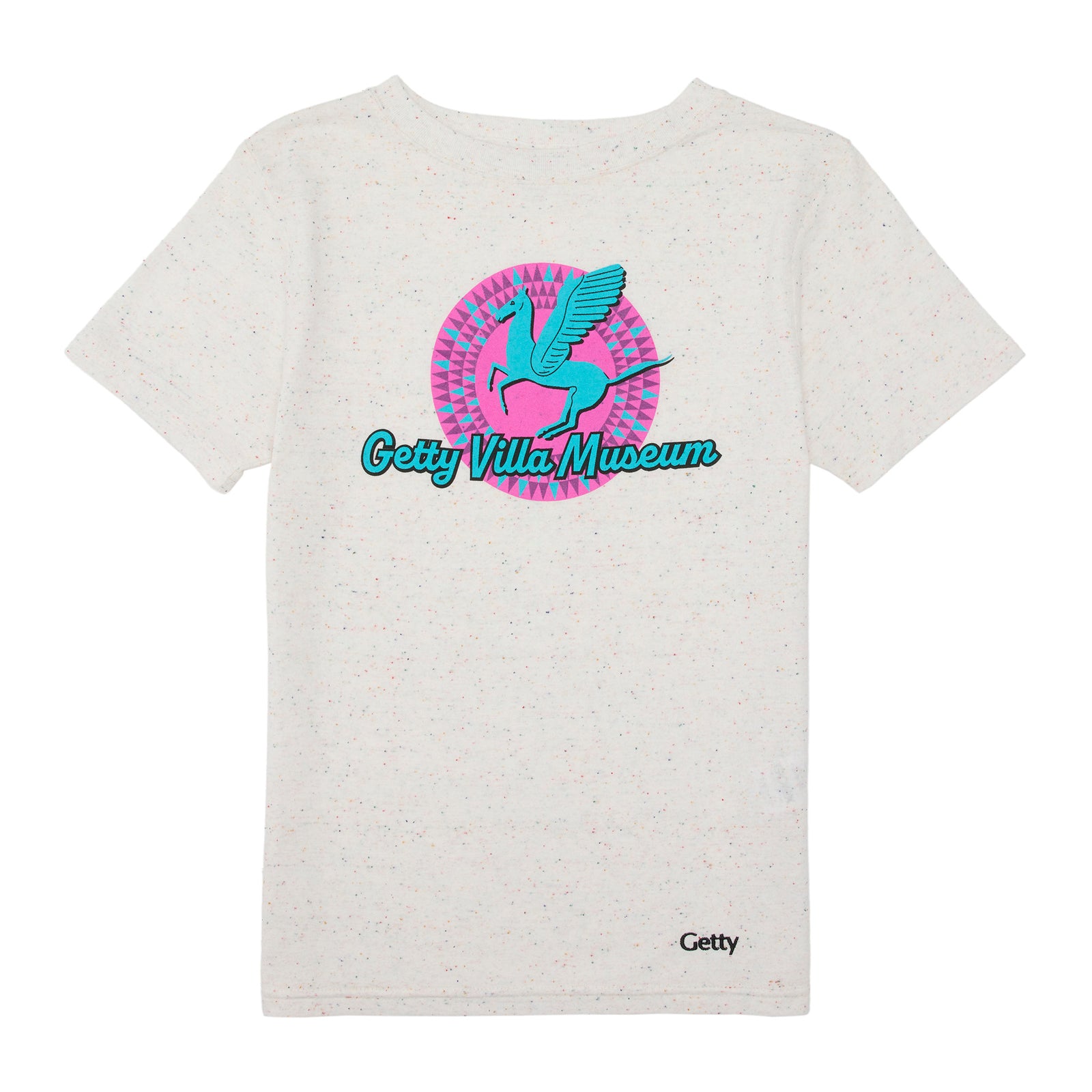 White t-shirt with Getty Villa Museum logo on a white background