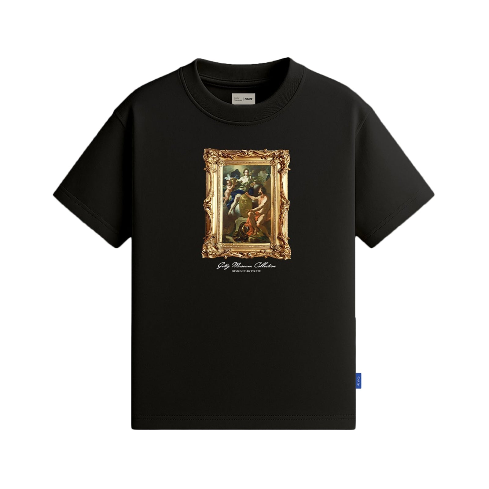 Black t-shirt with a graphic design of a framed painting on a white background
