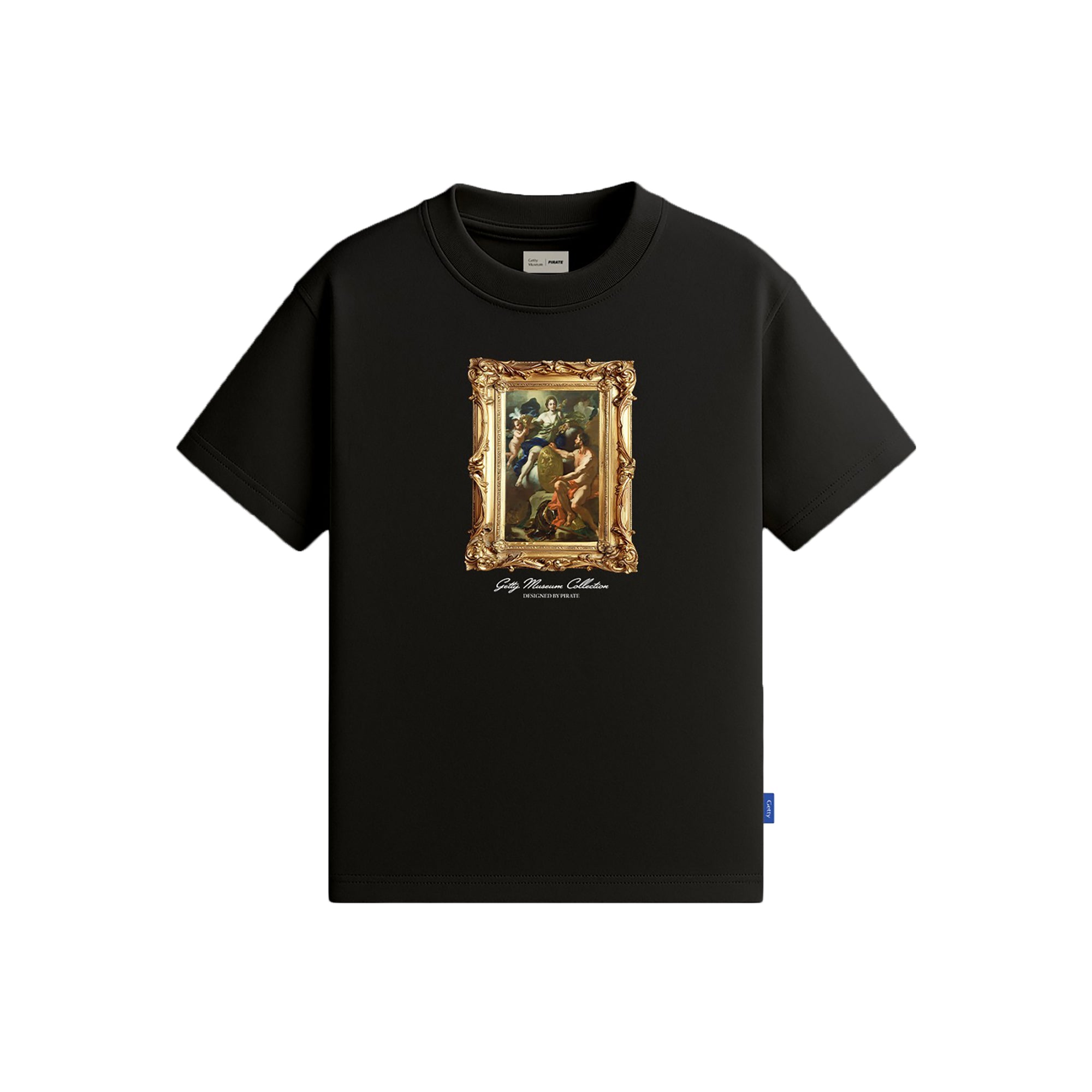 Black t-shirt with a graphic design of a framed painting on a white background