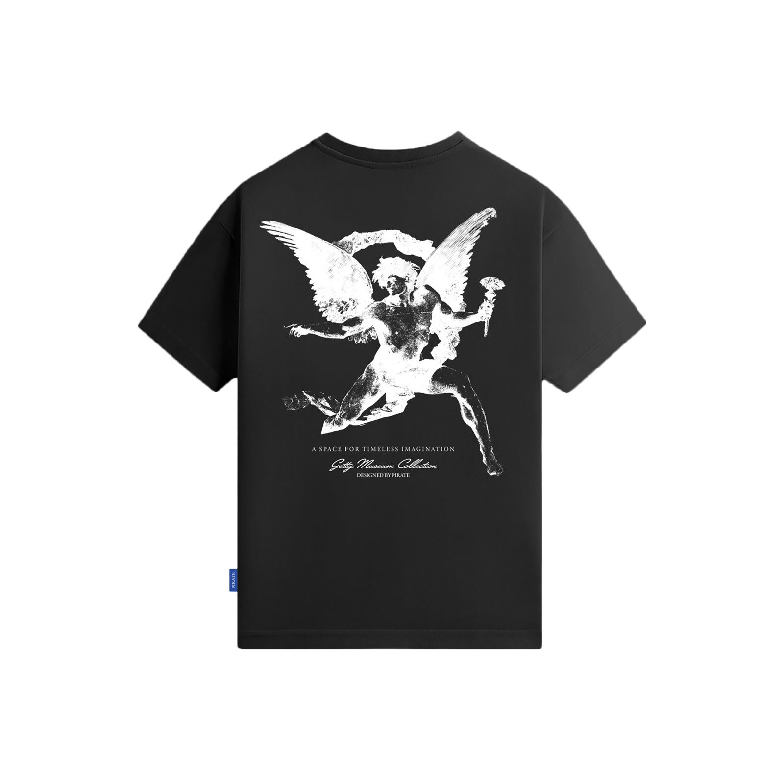 Black t-shirt with a small white graphic and text on a white background