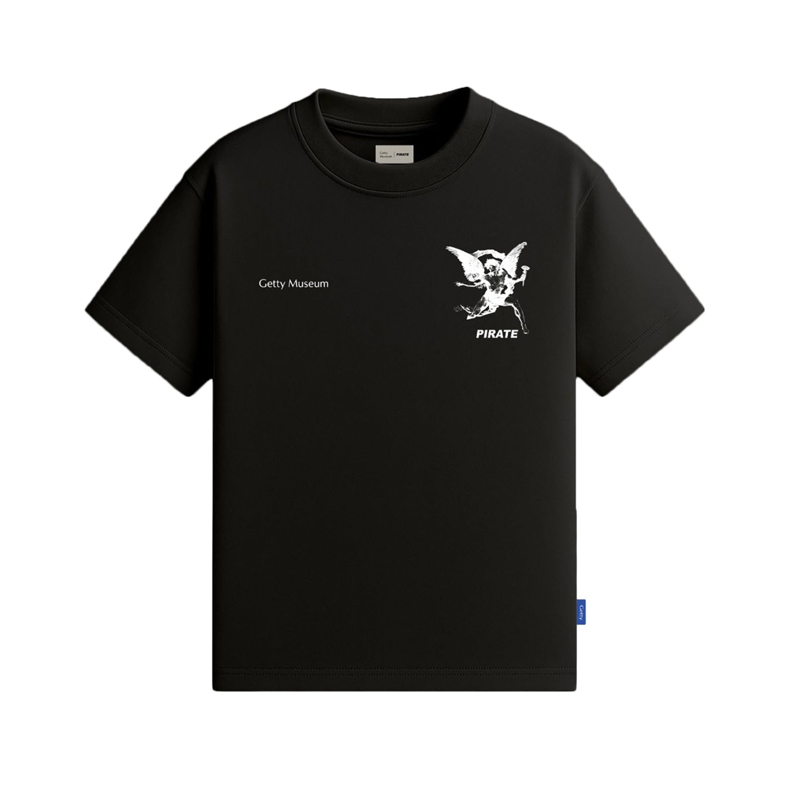 Black t-shirt with a small white graphic and text on a white background