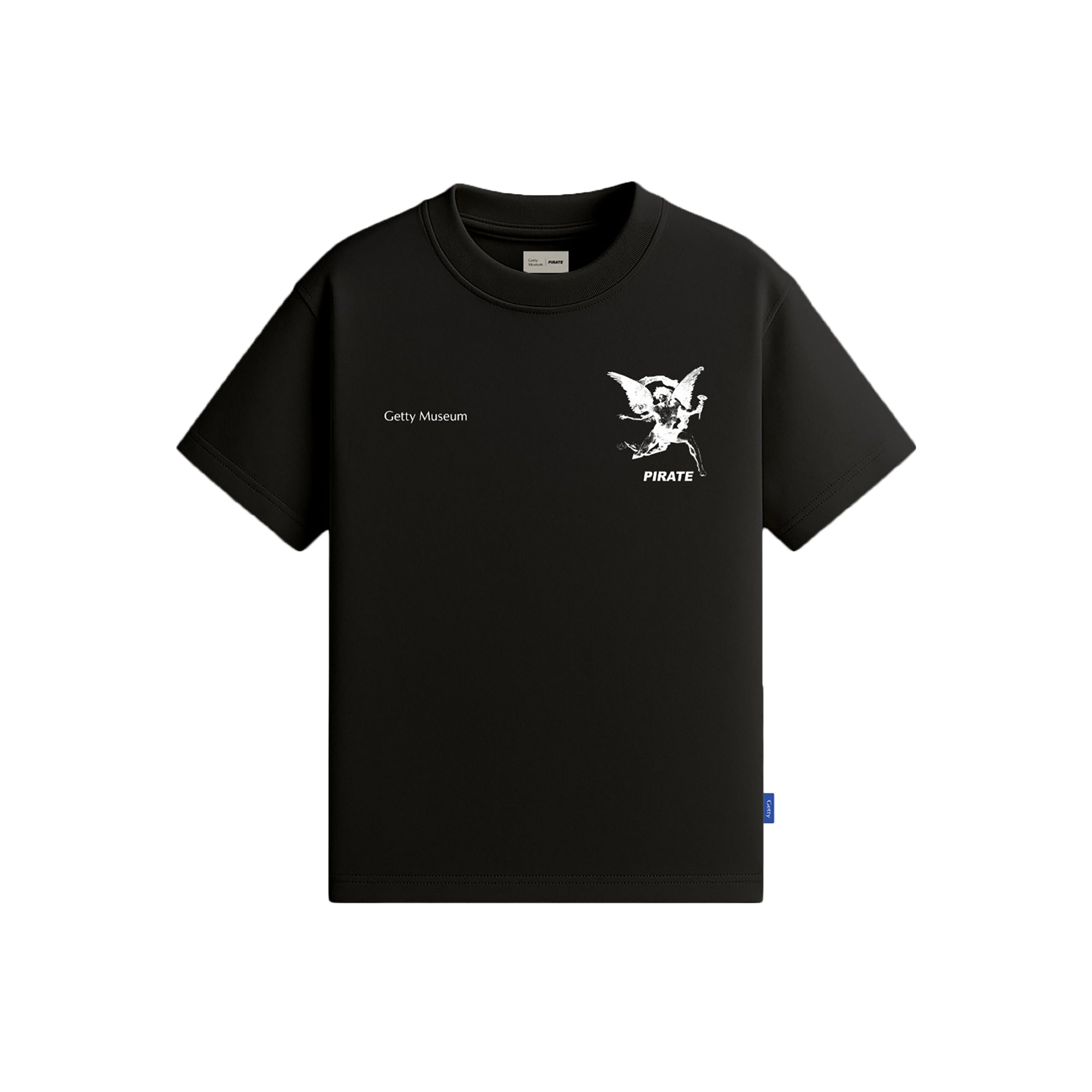 Black t-shirt with a small white graphic and text on a white background
