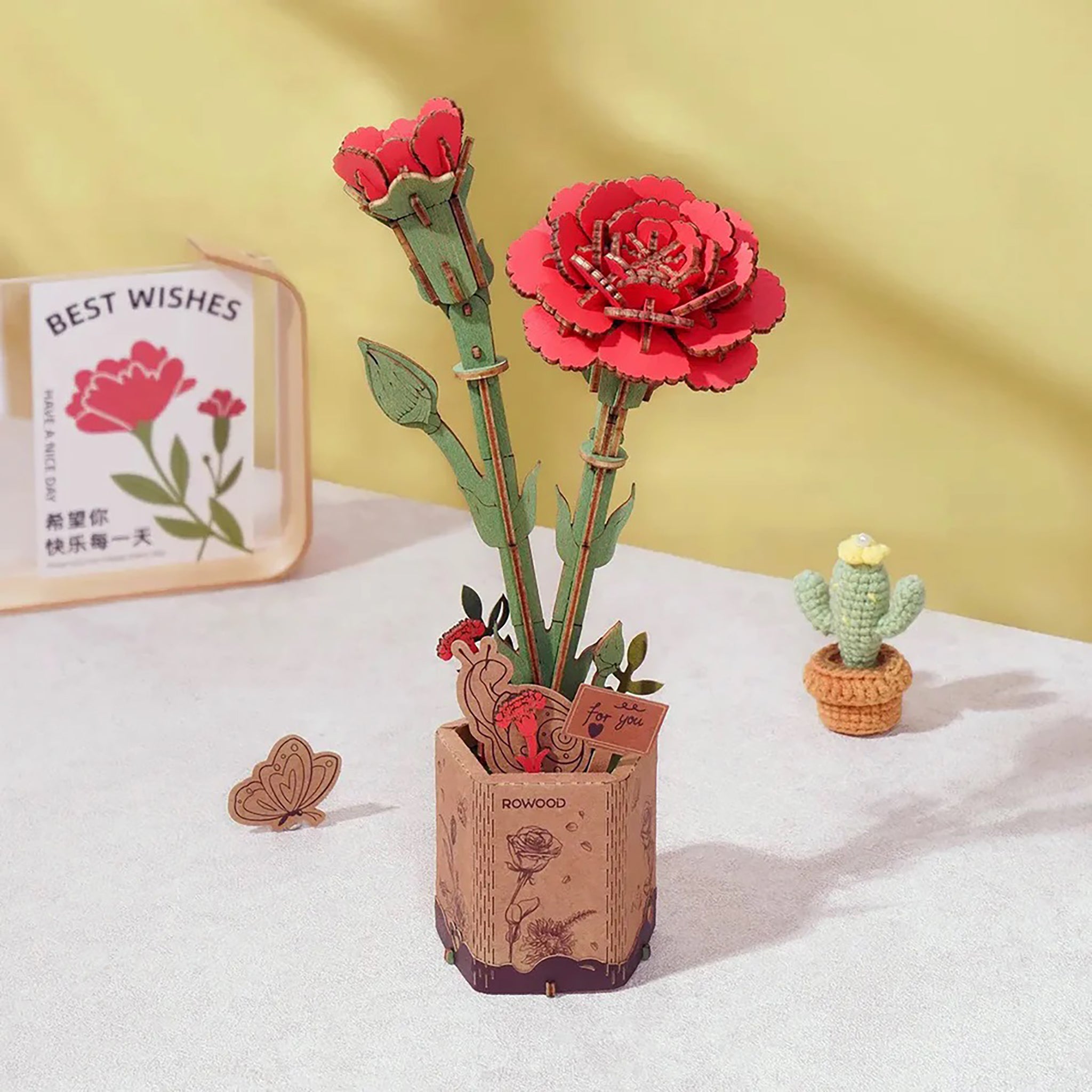 puzzle planter pot 3D Wooden Flower Puzzle - Red Carnation