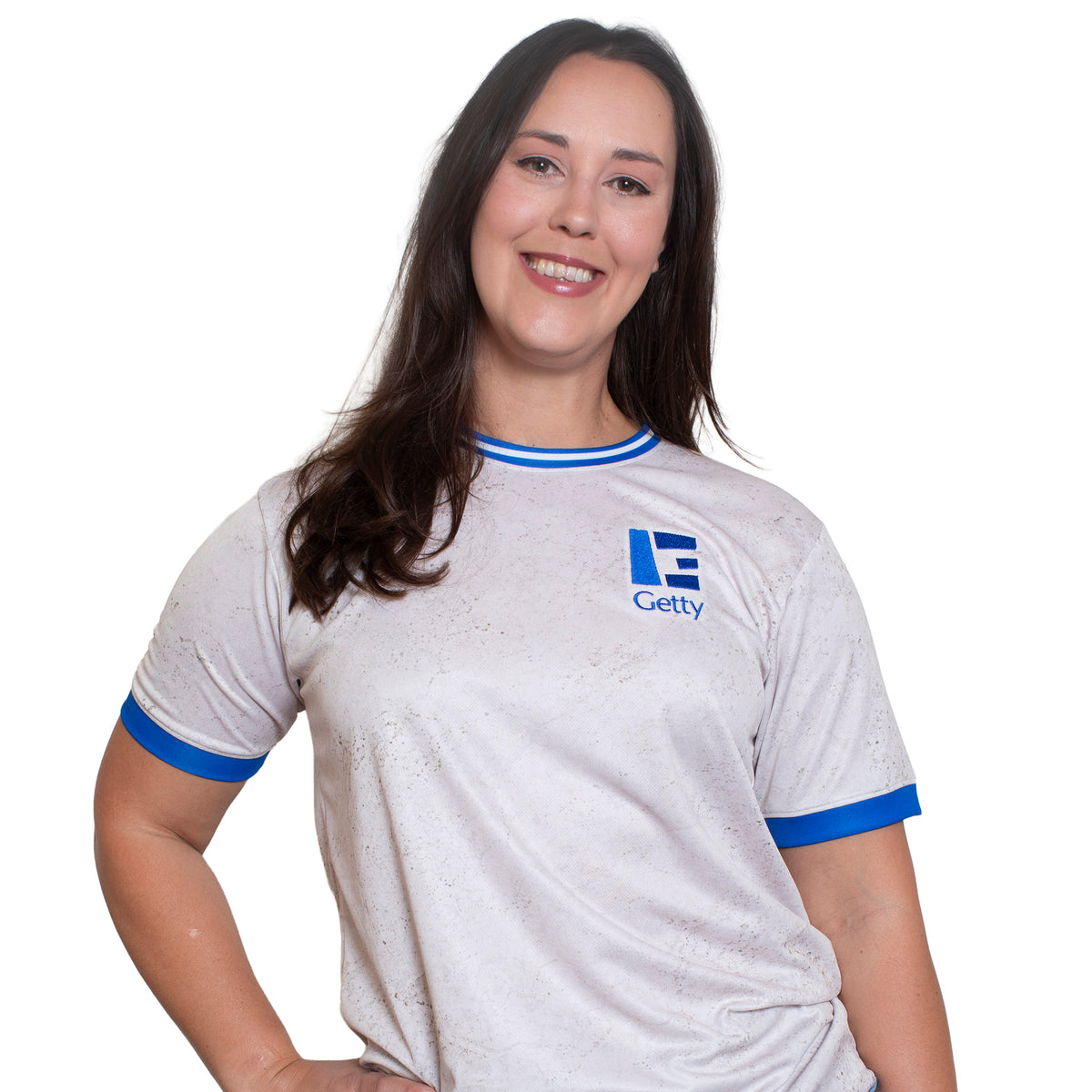 Woman wearing a white t-shirt with Getty logo on a white background