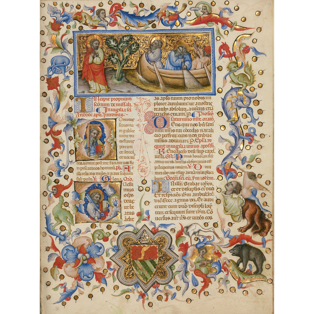 Decorative page from a medieval manuscript with illustrations and text