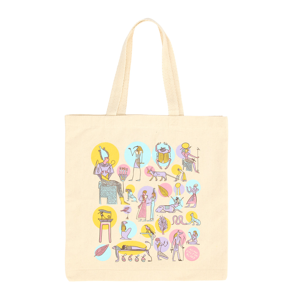 Beige tote bag with colorful illustrations of Egyptian hieroglyphics  on a white background