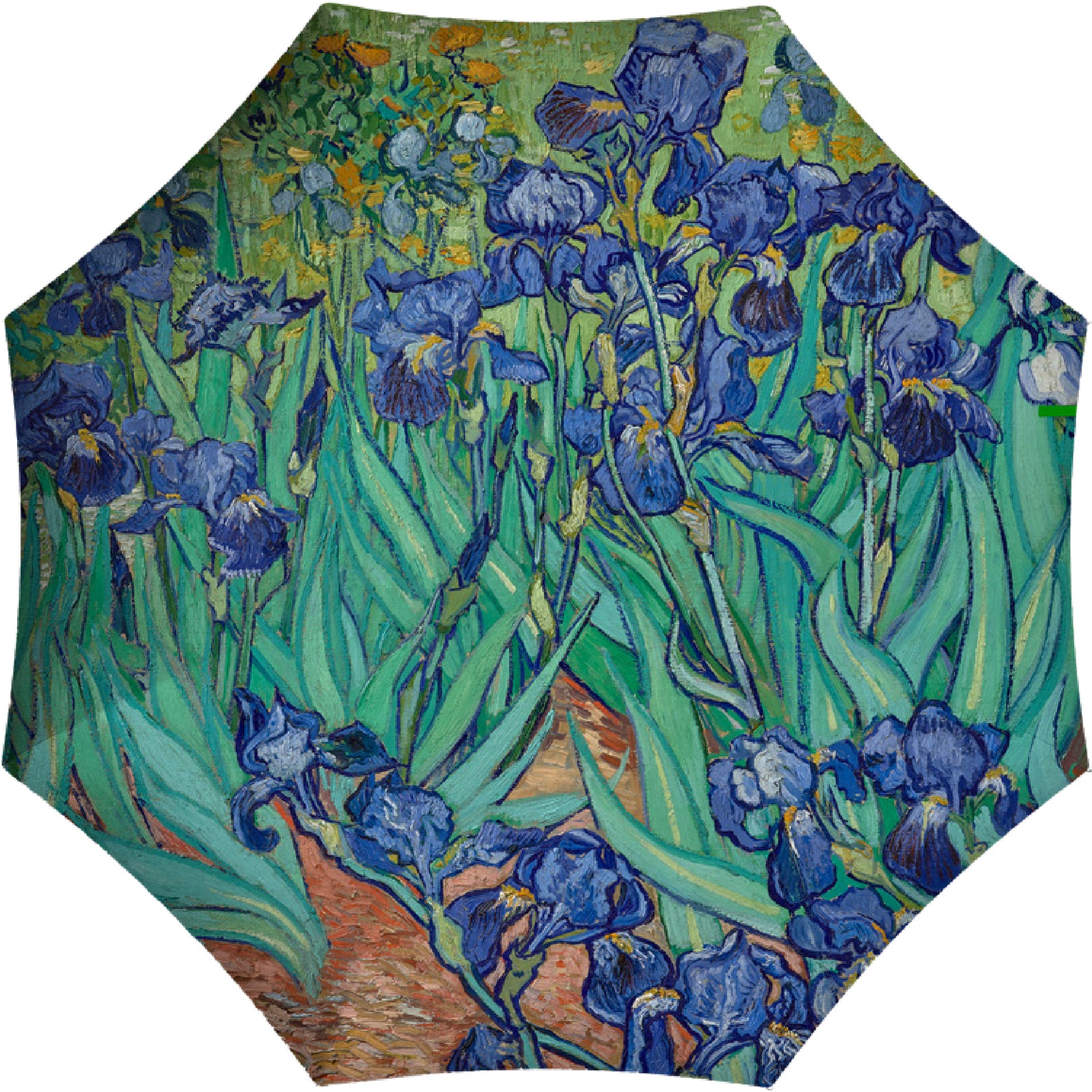 A single layer travel umbrella with a wooden handle, featuring a printed design based on Vincent van Gogh's painting 'Irises'.