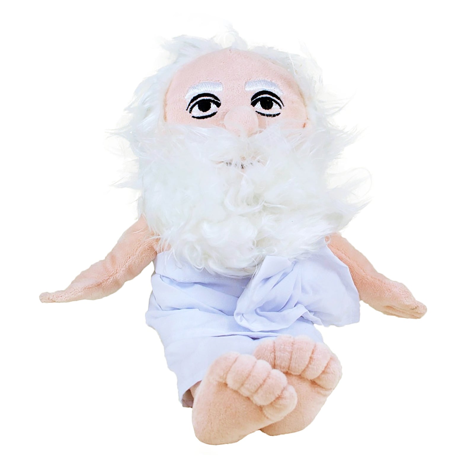 A plush doll of an elderly man with a long white beard, pinkish skin, and a light blue shirt, isolated on a white background.